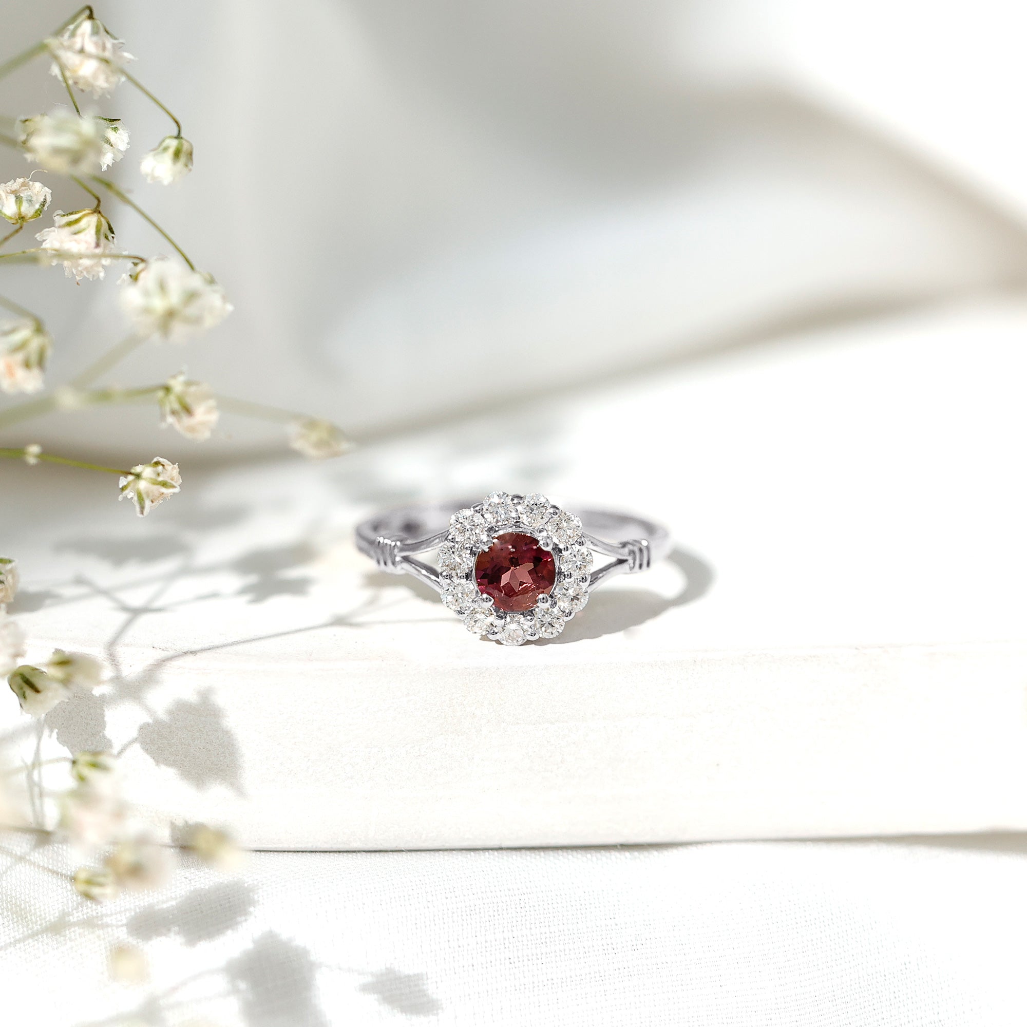 Real Pink Tourmaline and Diamond Engagement Ring in Split Shank