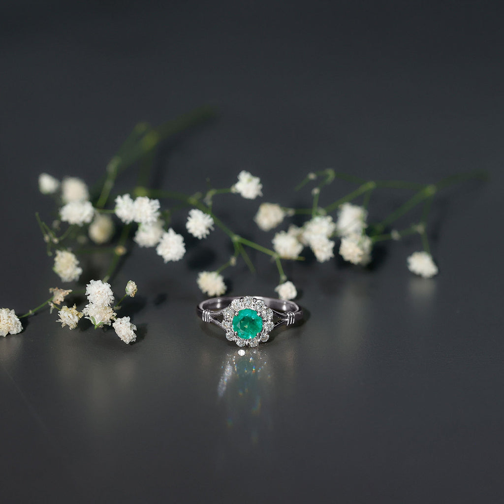 Emerald Nature Inspired Engagement Ring with Diamond Halo