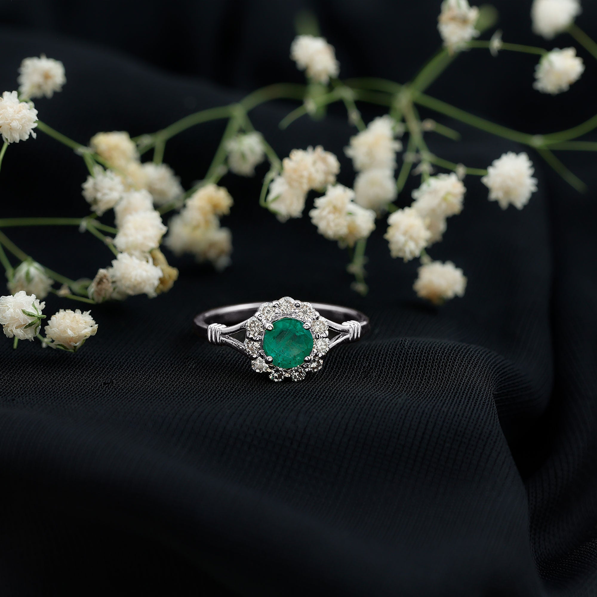 Emerald Nature Inspired Engagement Ring with Diamond Halo