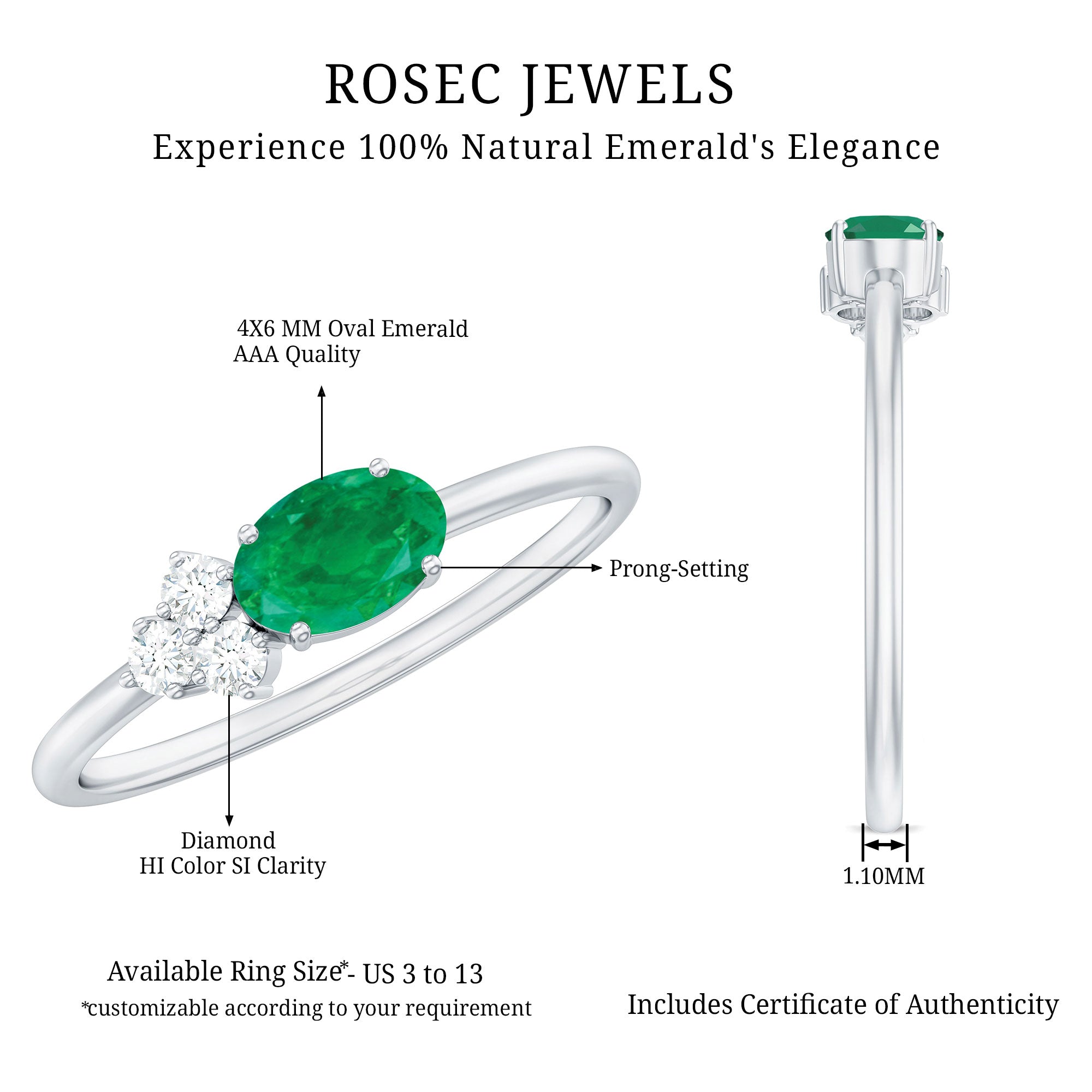 AAA Quality Oval Cut Emerald East West Promise Ring with Diamond Trio
