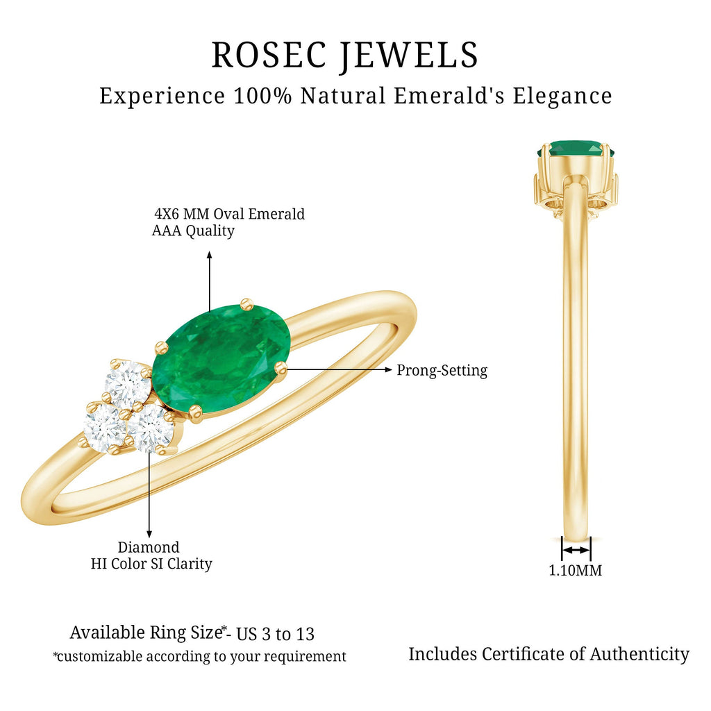 AAA Quality Oval Cut Emerald East West Promise Ring with Diamond Trio