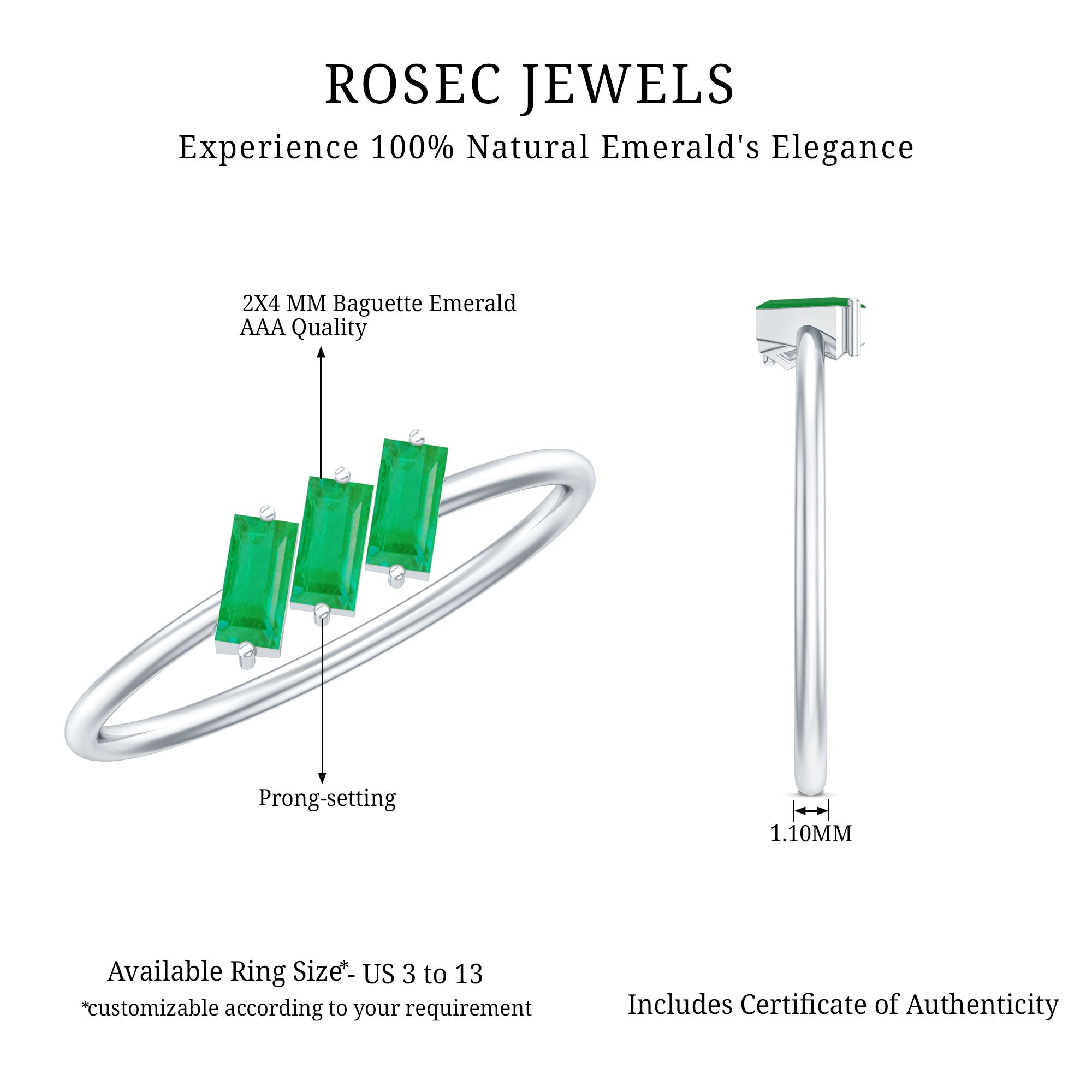 Baguette Cut Real Emerald Three Stone Promise Ring