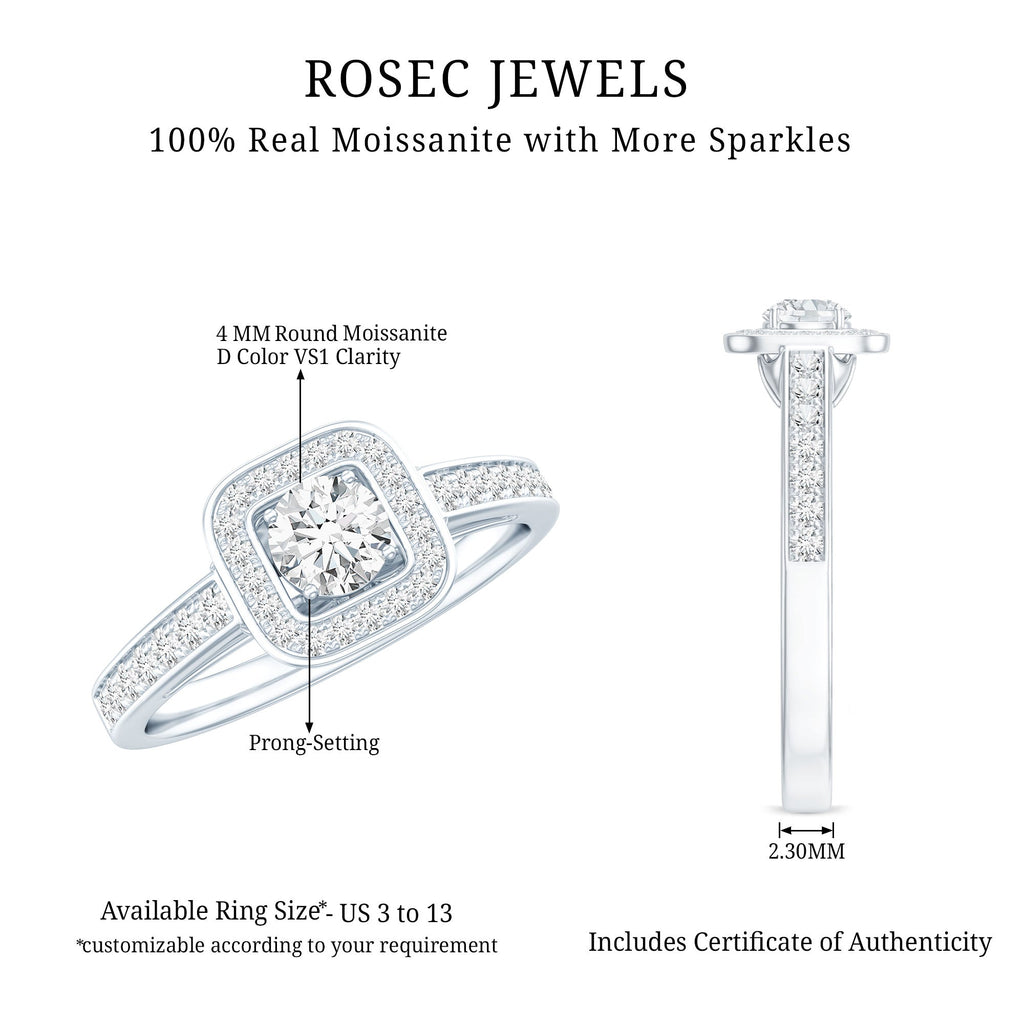 Moissanite Round Halo Engagement Ring with Certificate