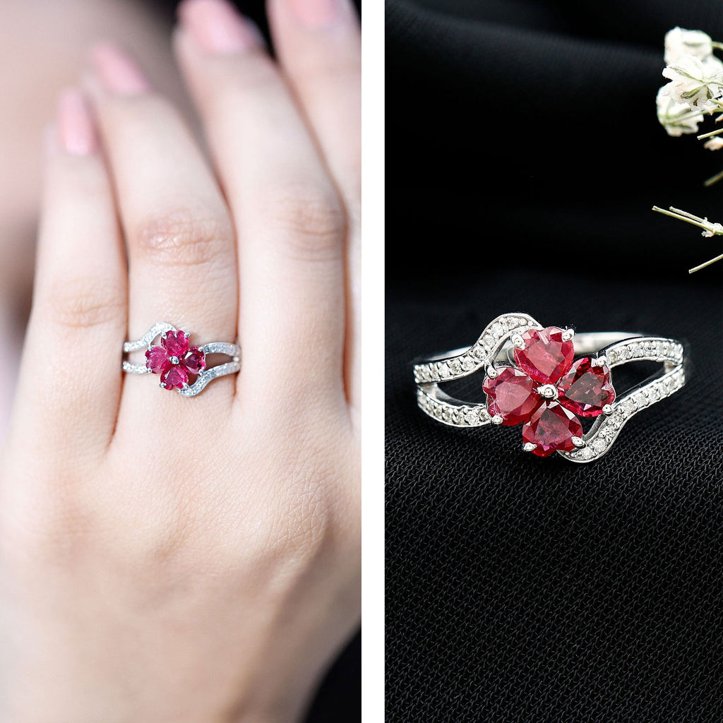 Real Ruby Flower Engagement Ring with Diamond Split Shank