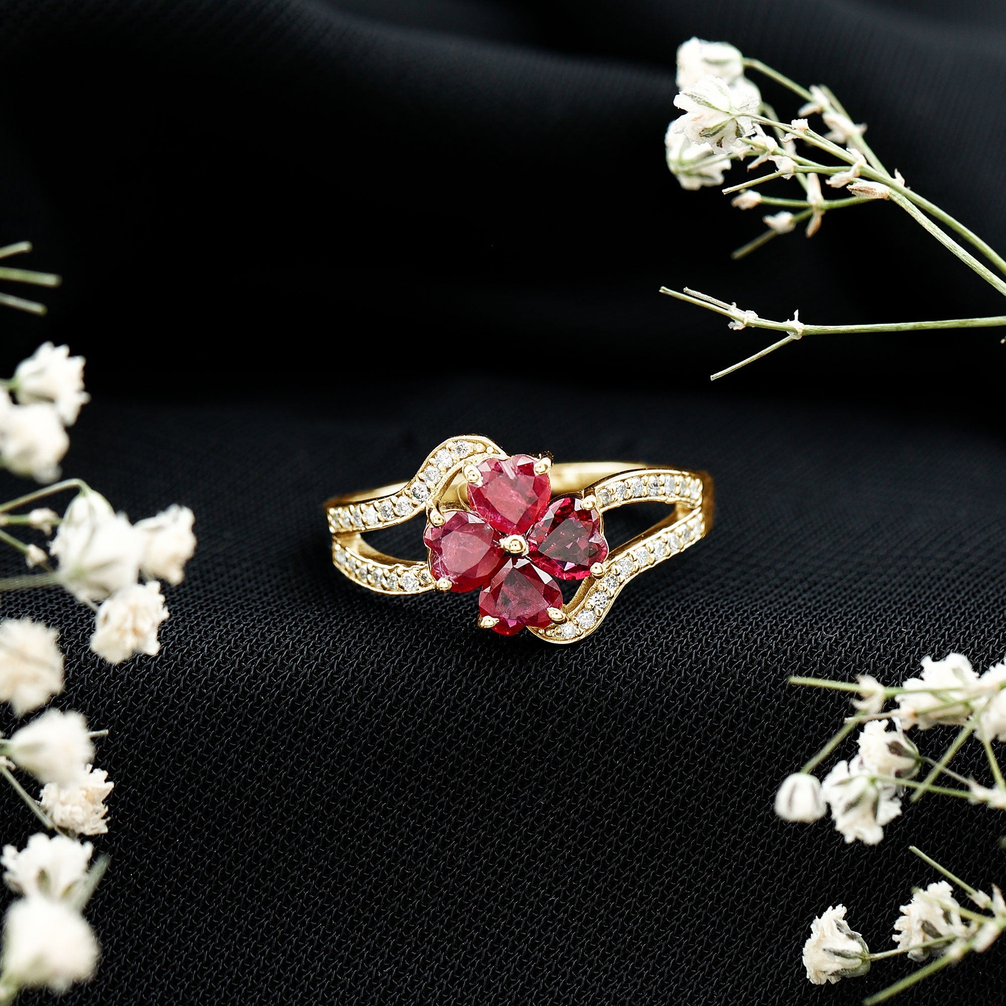 Real Ruby Flower Engagement Ring with Diamond Split Shank