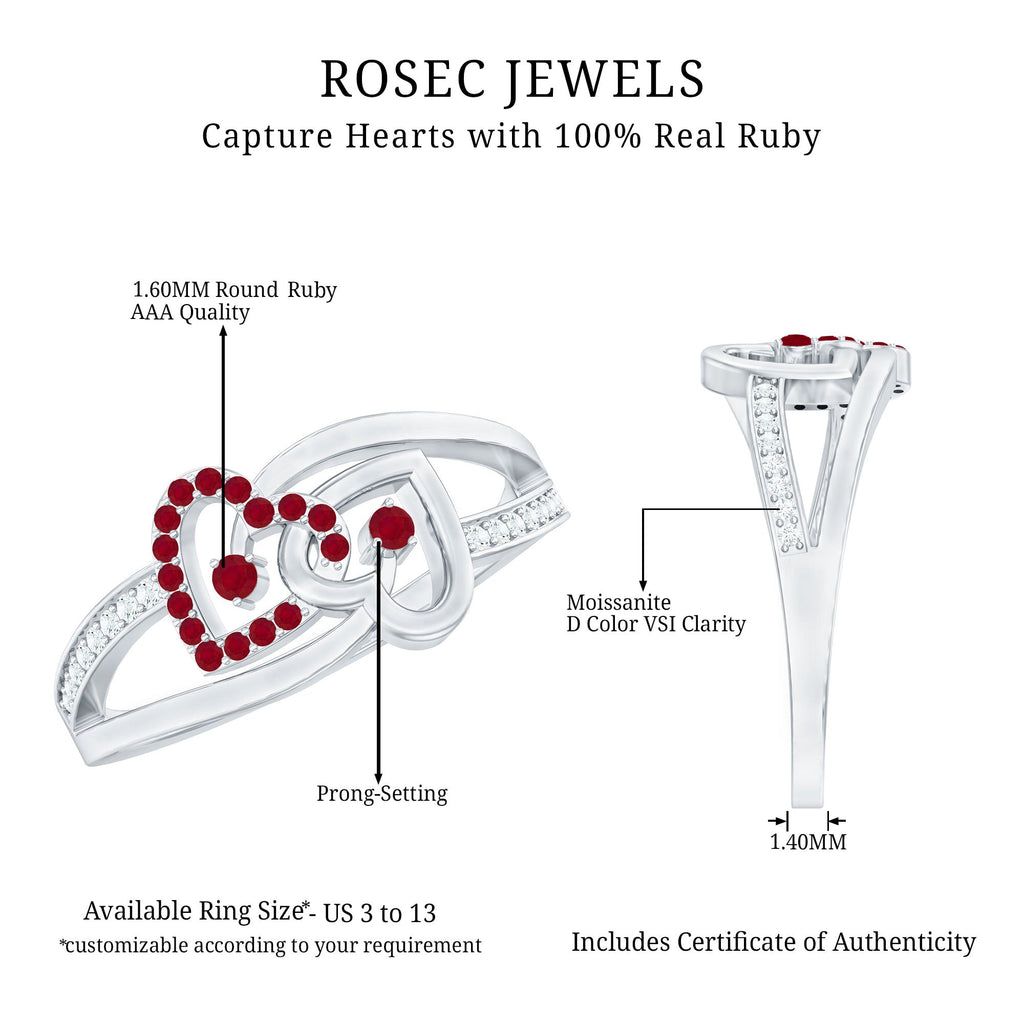 Natural Ruby Diamond Double Heart Promise Ring for Women