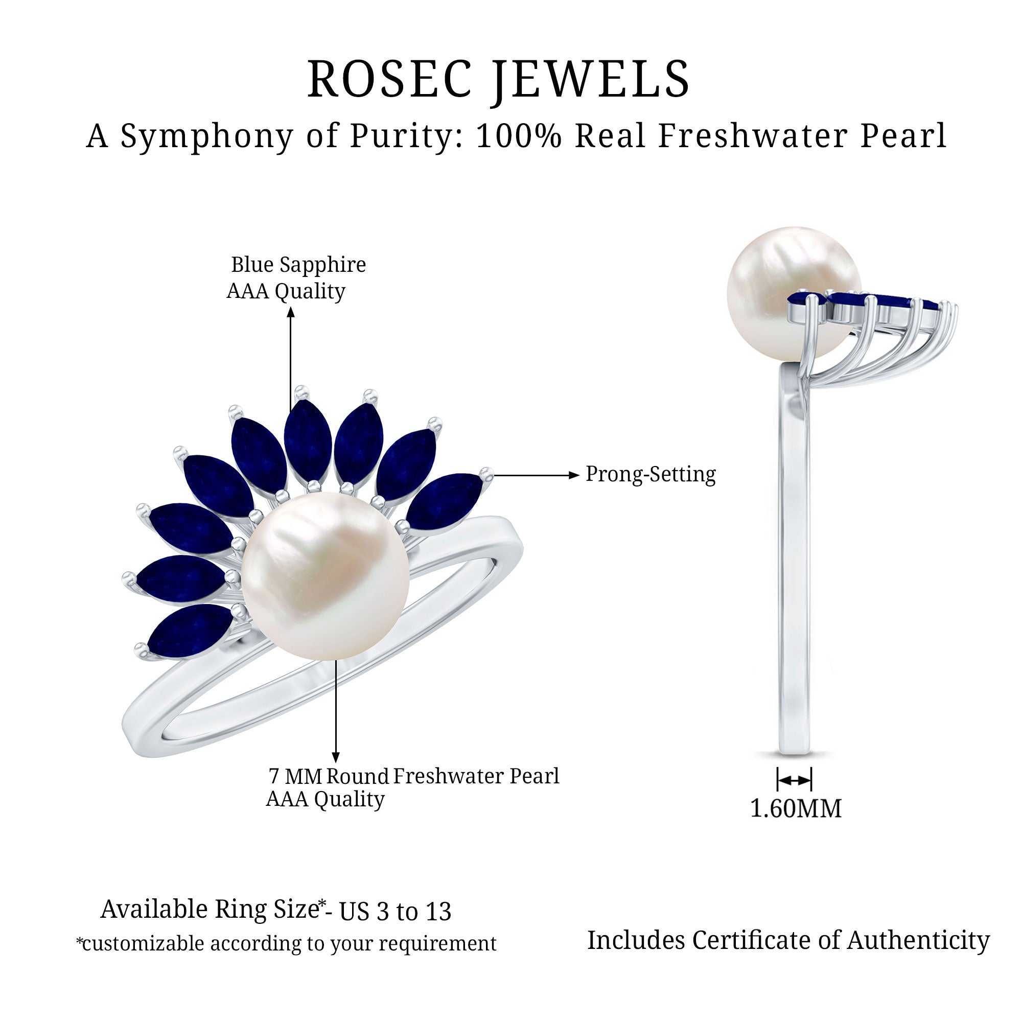 Cultured 3 Carat Freshwater Pearl Engagement Ring with Blue Sapphire