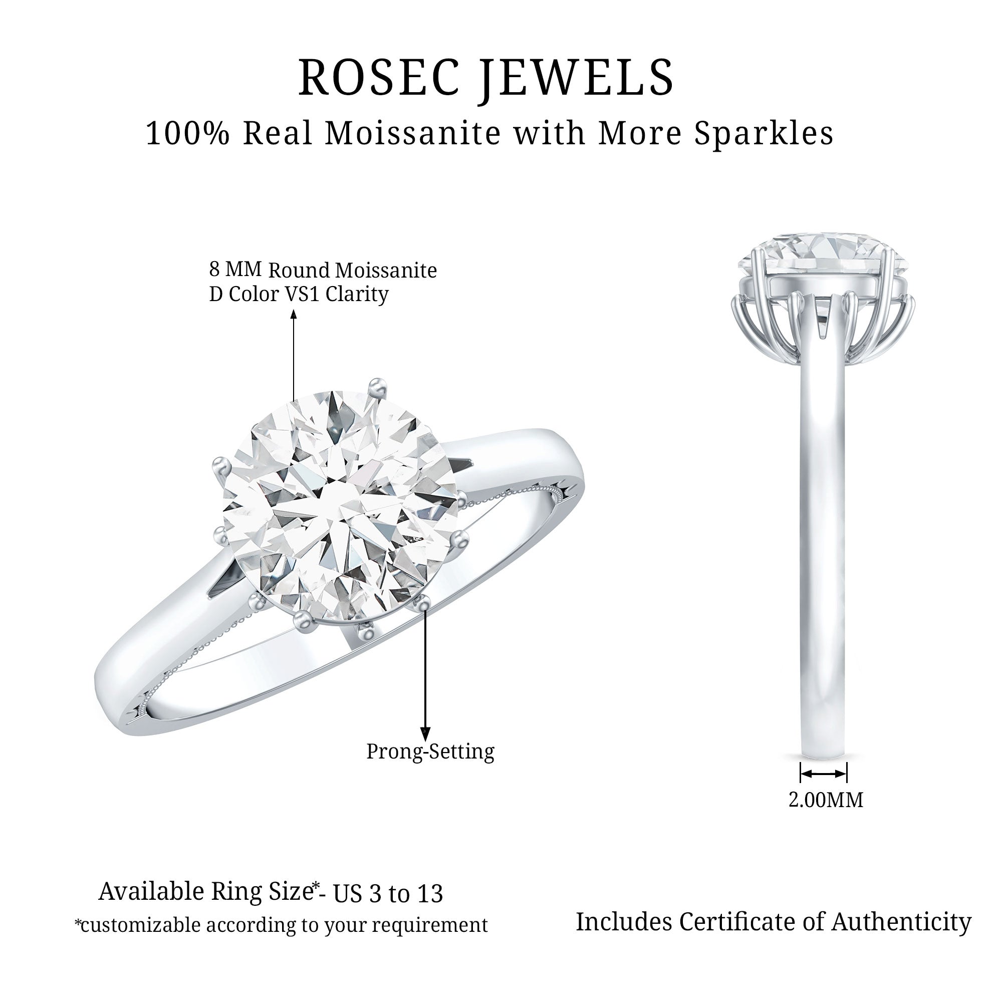 2 Carat Round Cut Moissanite Engagement Ring with Milgrain Detailing