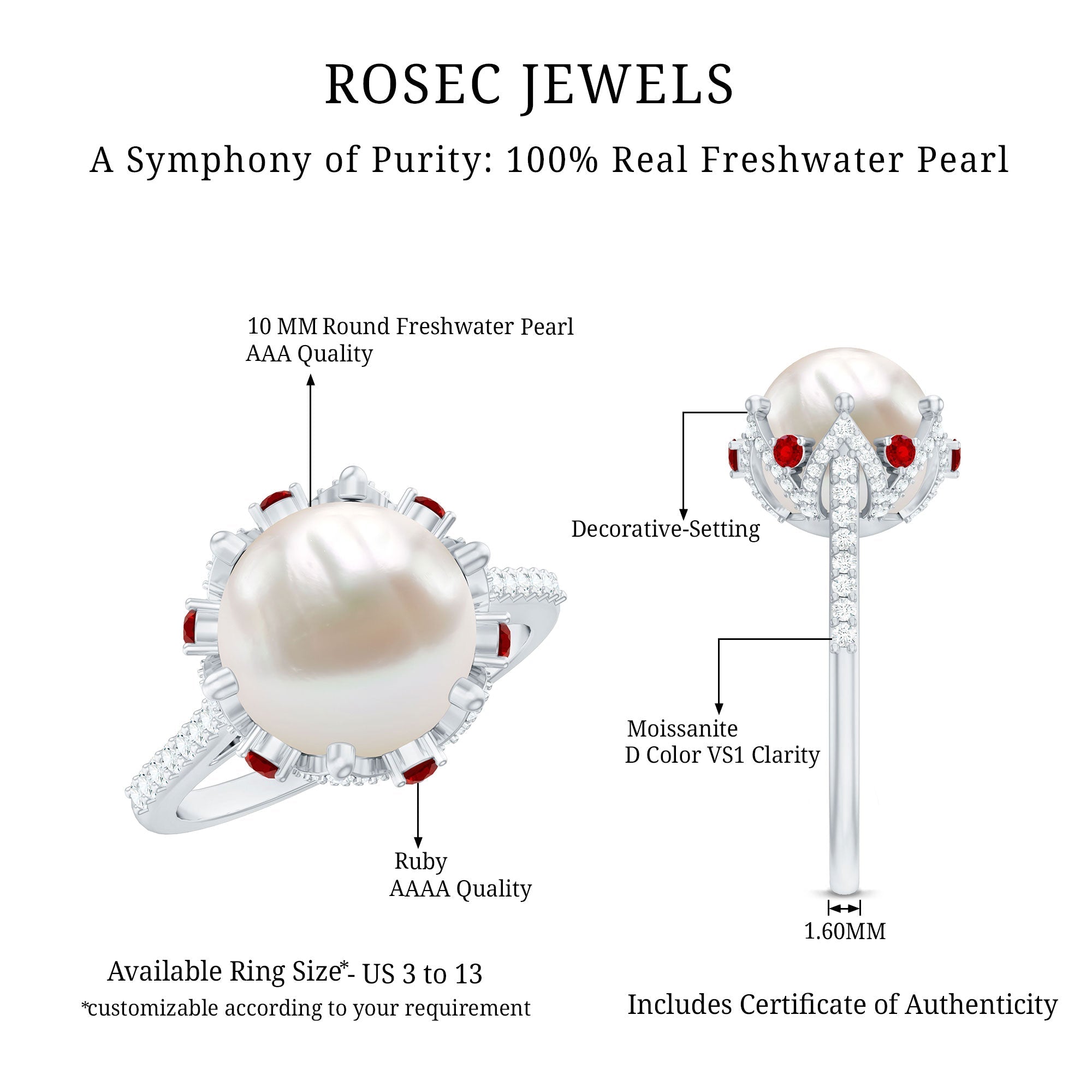 Designer 8 Carat Freshwater Pearl Engagement Ring with Ruby and Moissanite