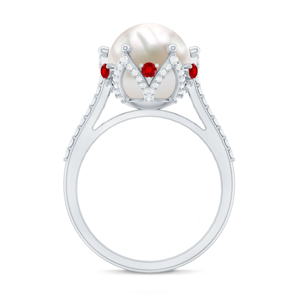 Designer 8 Carat Freshwater Pearl Engagement Ring with Ruby and Moissanite