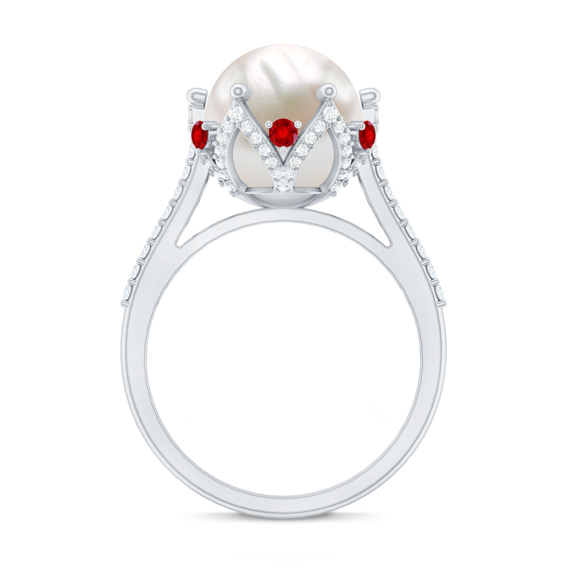 Designer 8 Carat Freshwater Pearl Engagement Ring with Ruby and Moissanite