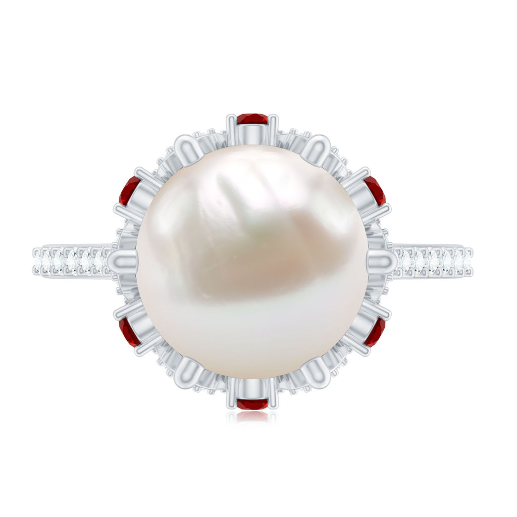 Designer 8 Carat Freshwater Pearl Engagement Ring with Ruby and Moissanite