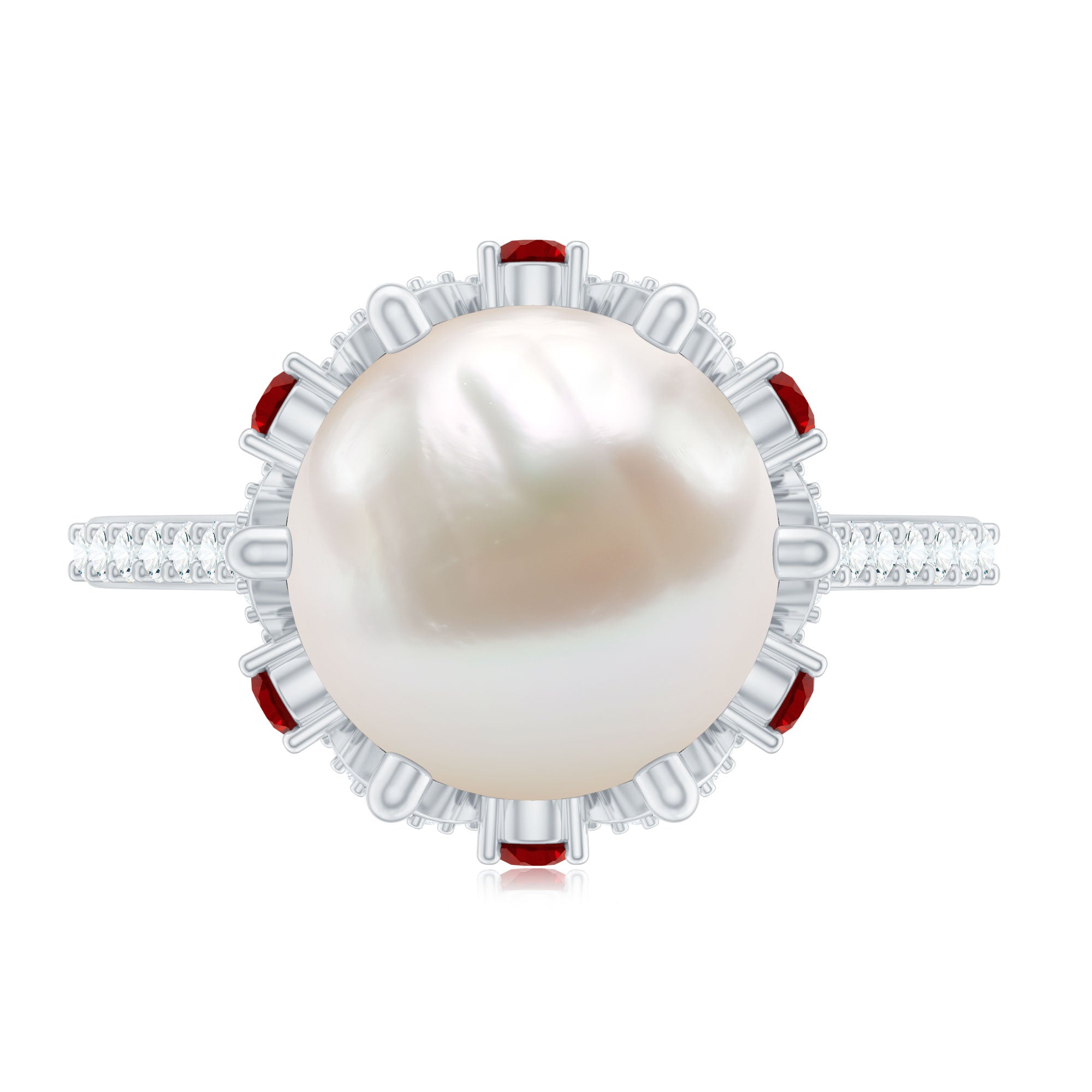 Designer 8 Carat Freshwater Pearl Engagement Ring with Ruby and Moissanite