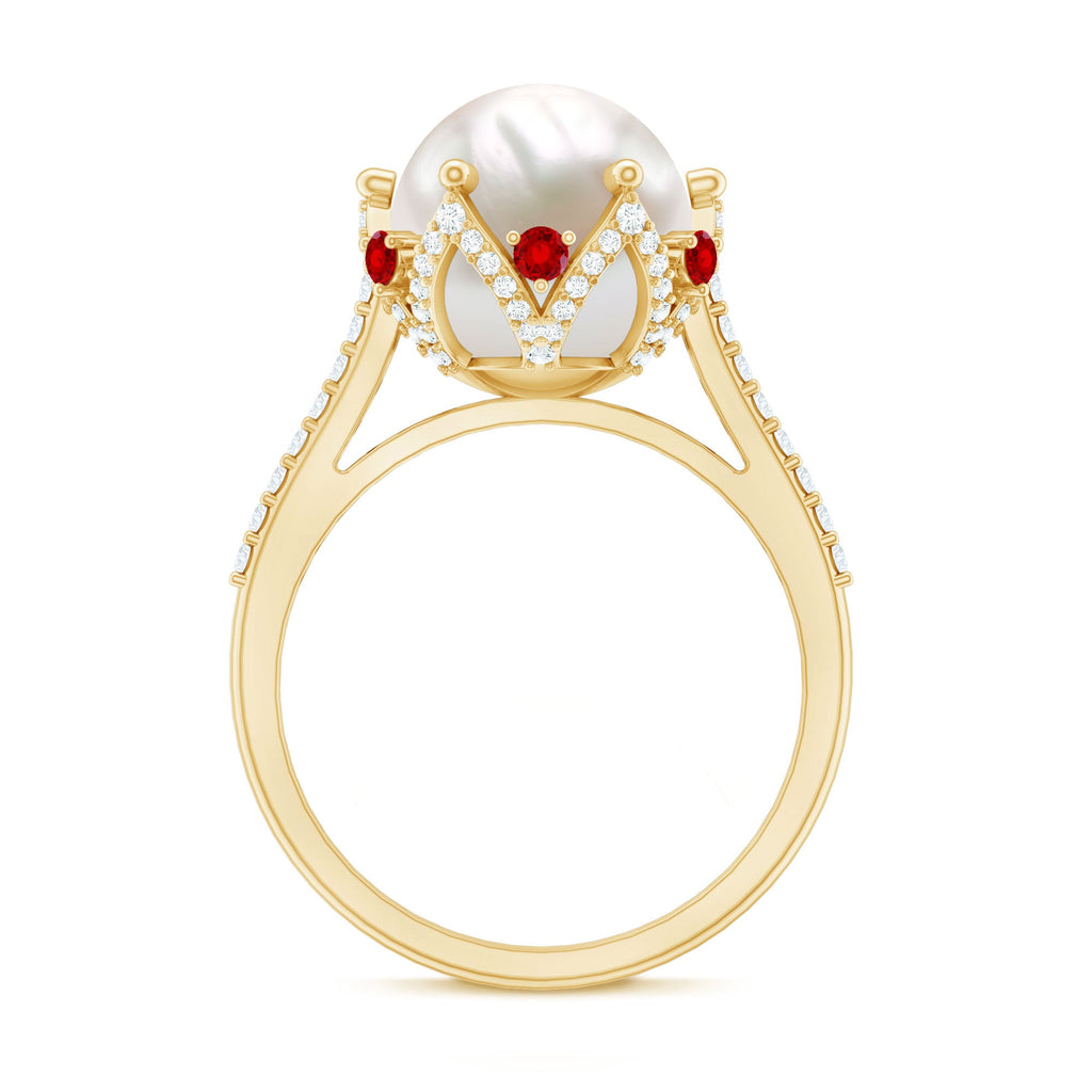 Designer 8 Carat Freshwater Pearl Engagement Ring with Ruby and Moissanite