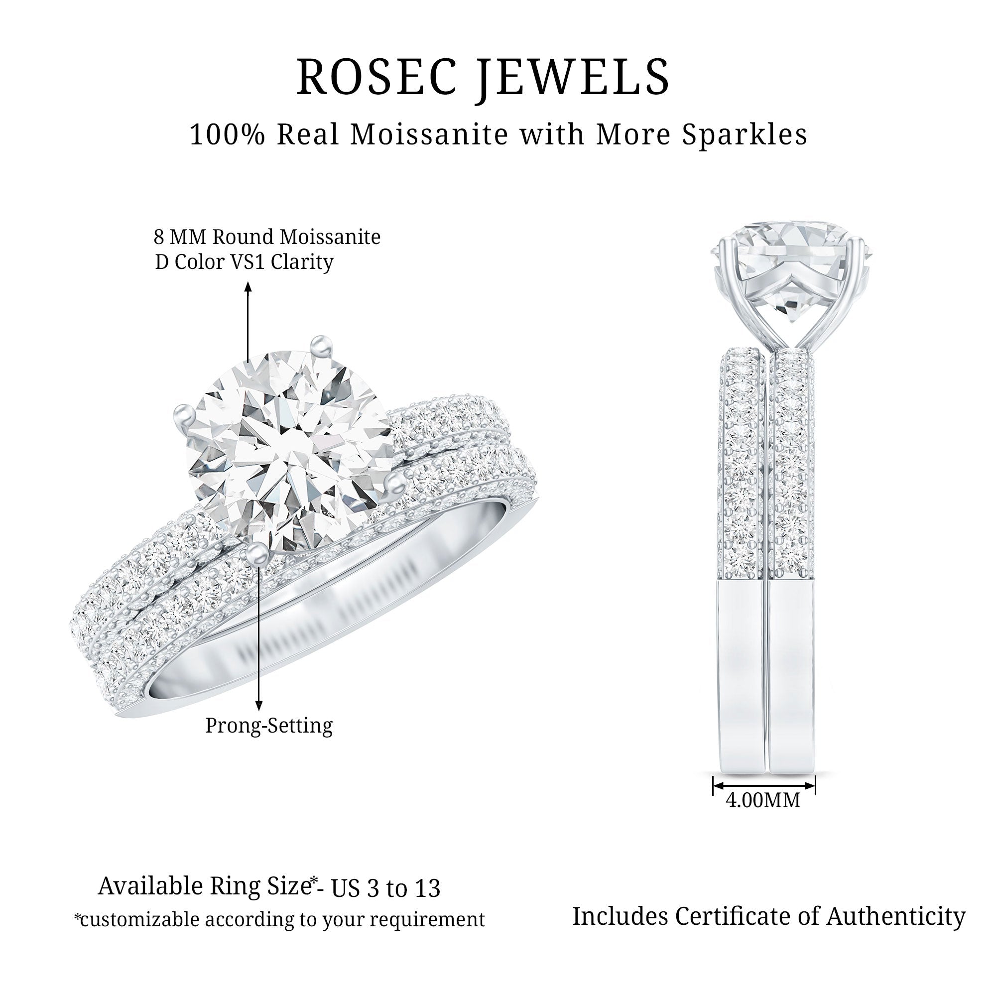 2 Carat Moissanite Engagement Ring with Wedding Band