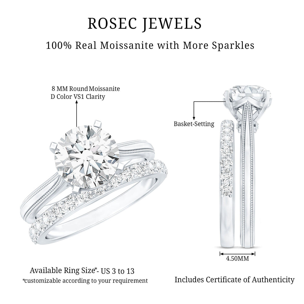 Brilliant Cut Moissanite Engagement Ring and Wedding Band