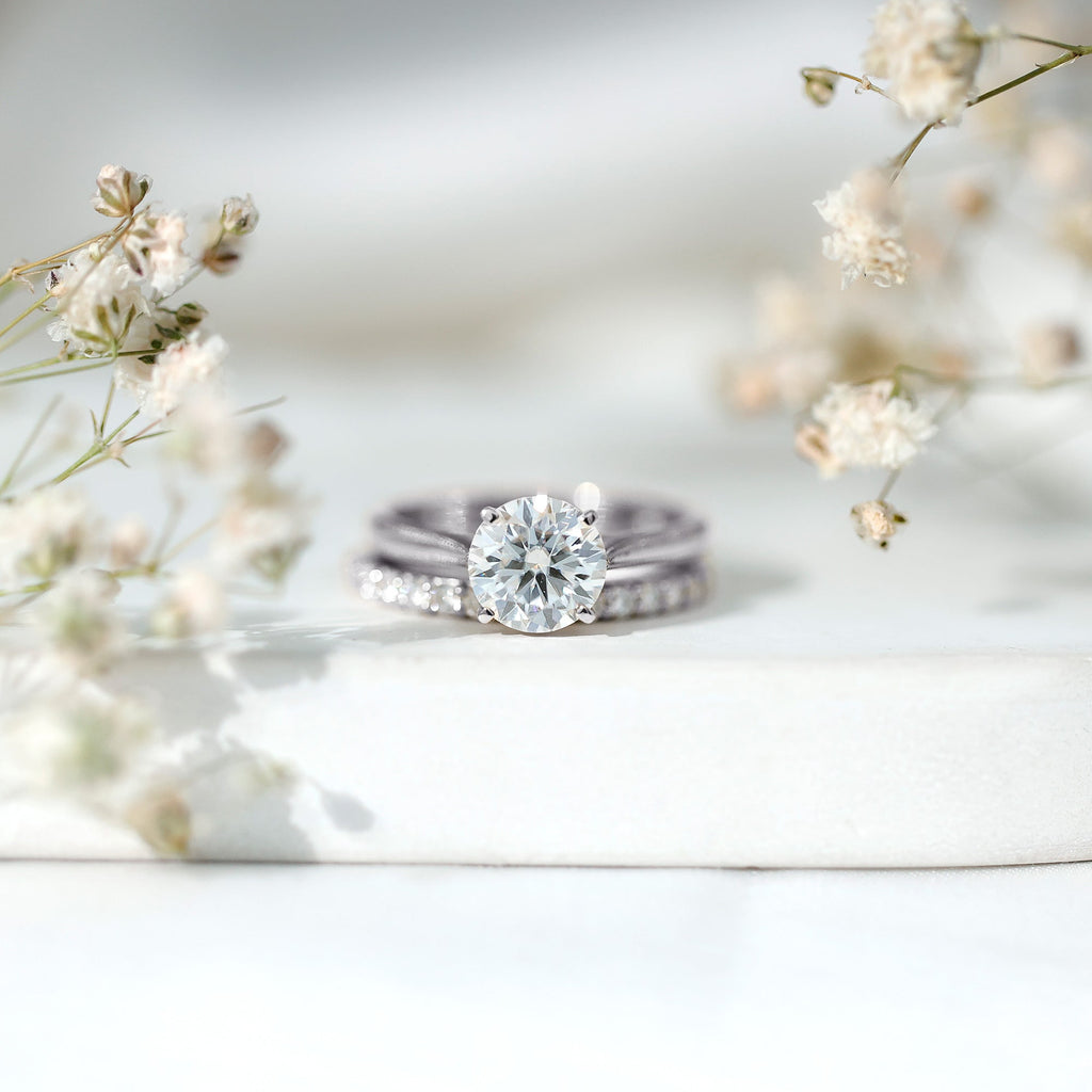 Brilliant Cut Moissanite Engagement Ring and Wedding Band