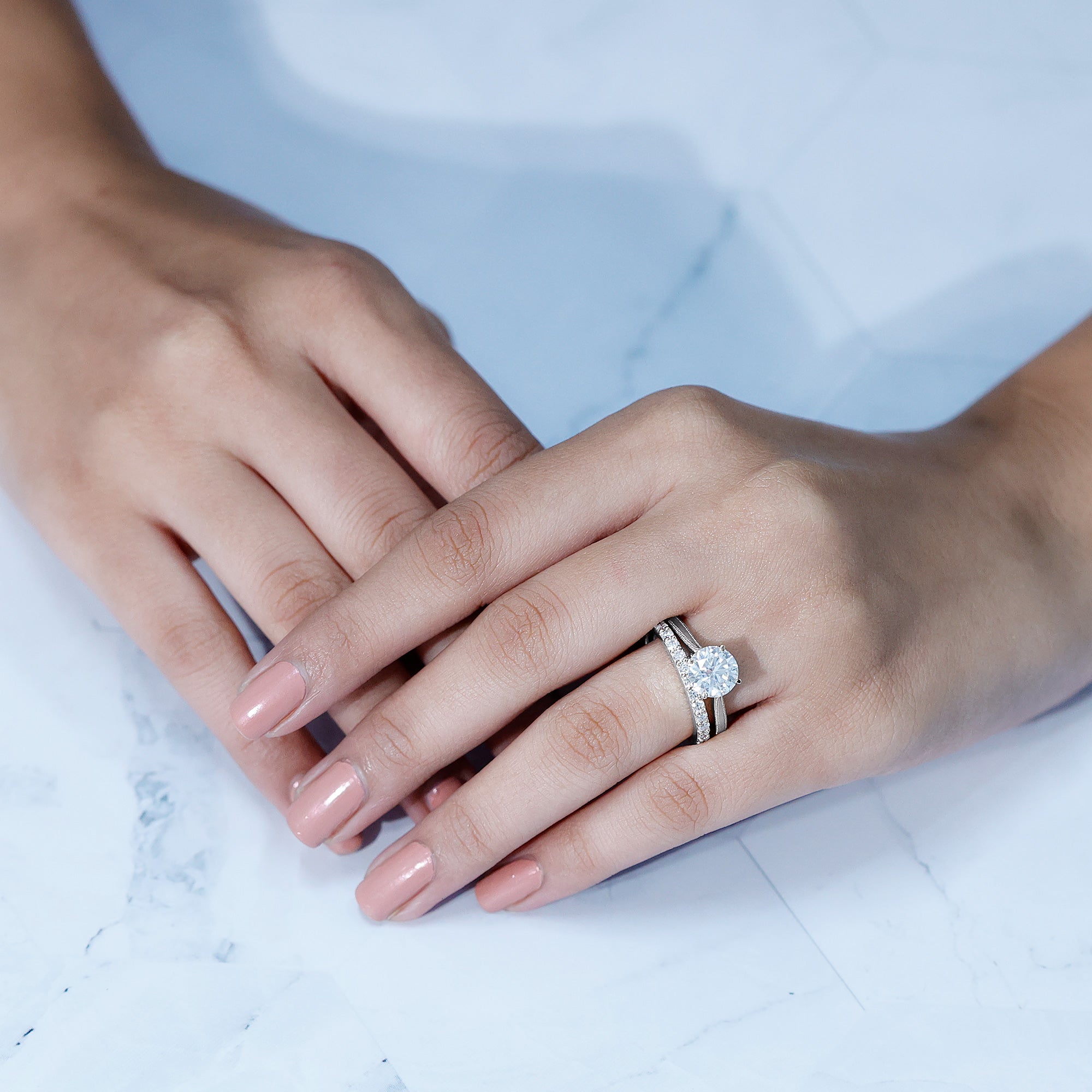 Brilliant Cut Moissanite Engagement Ring and Wedding Band