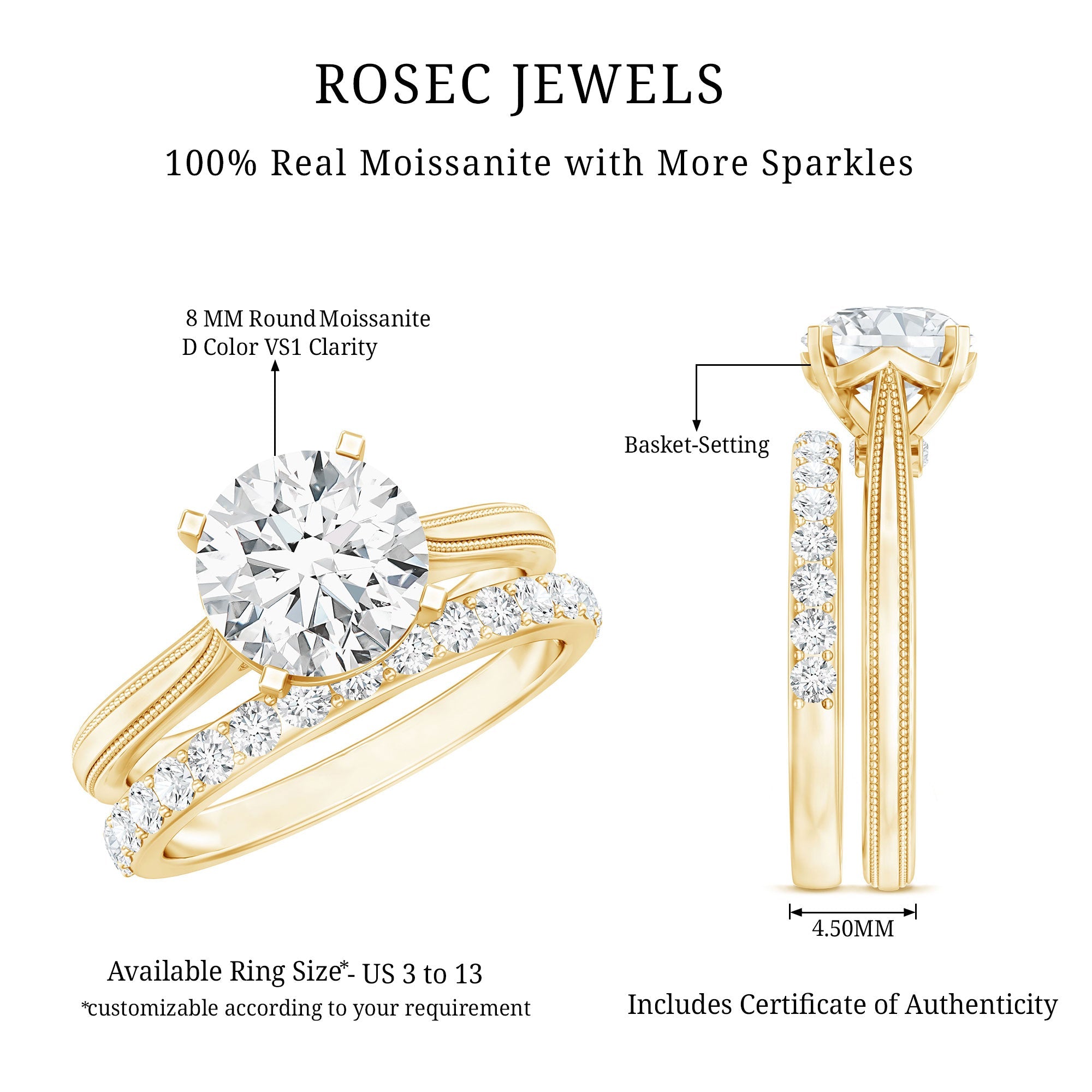 Brilliant Cut Moissanite Engagement Ring and Wedding Band