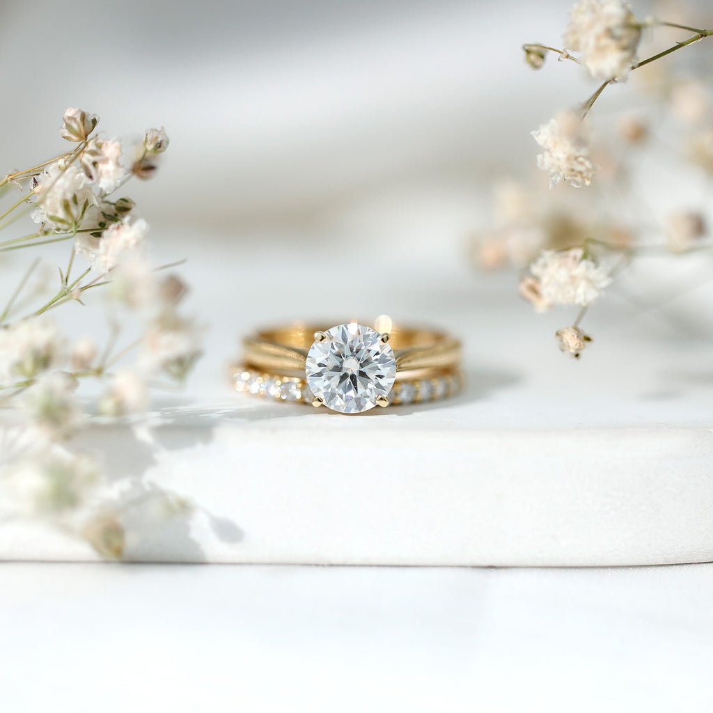 Brilliant Cut Moissanite Engagement Ring and Wedding Band
