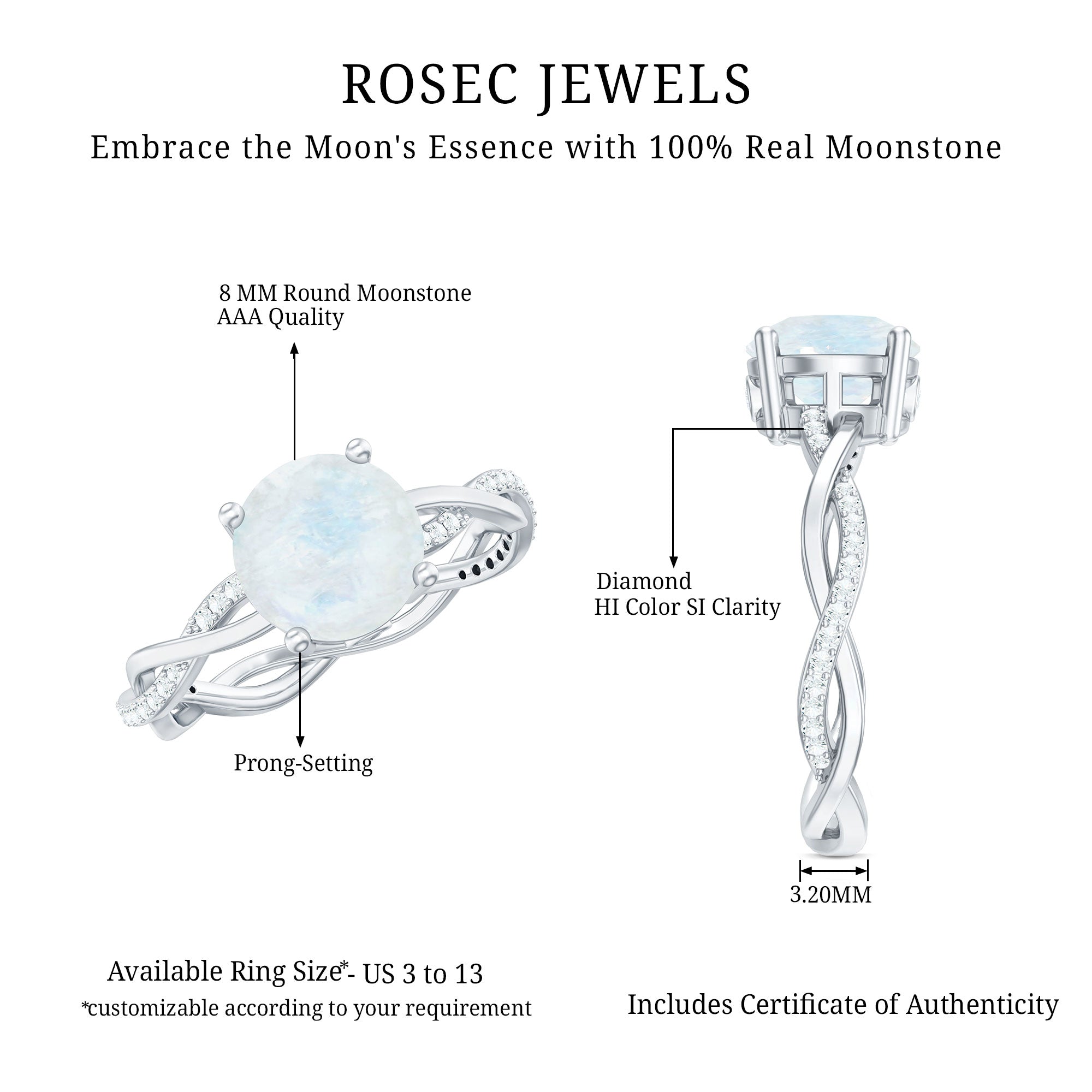 Real 0.85 Carat Moonstone and Diamond Braided Engagement Ring