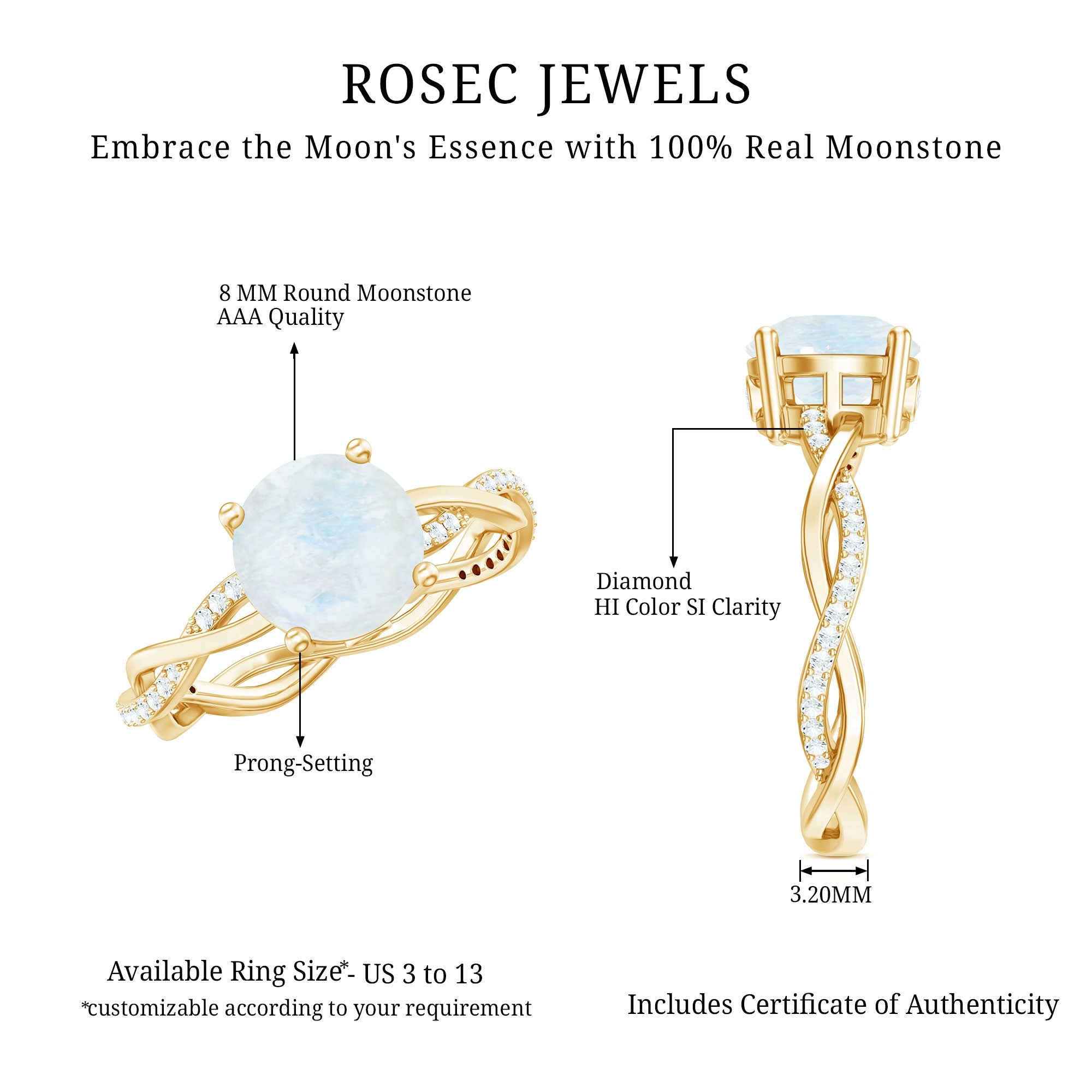 Real 0.85 Carat Moonstone and Diamond Braided Engagement Ring