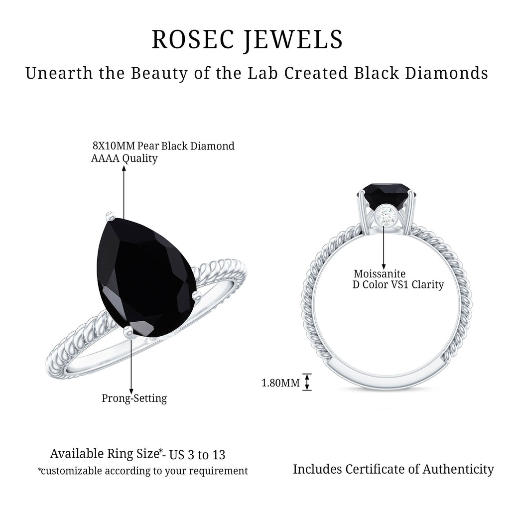 4.8 Carat Lab Grown Black Diamond Pear Shaped Engagement Ring With Surprise White Diamond