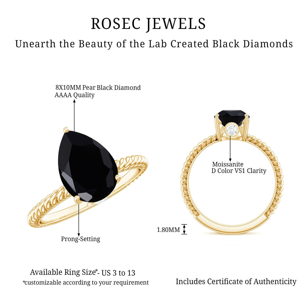 4.8 Carat Lab Grown Black Diamond Pear Shaped Engagement Ring With Surprise White Diamond