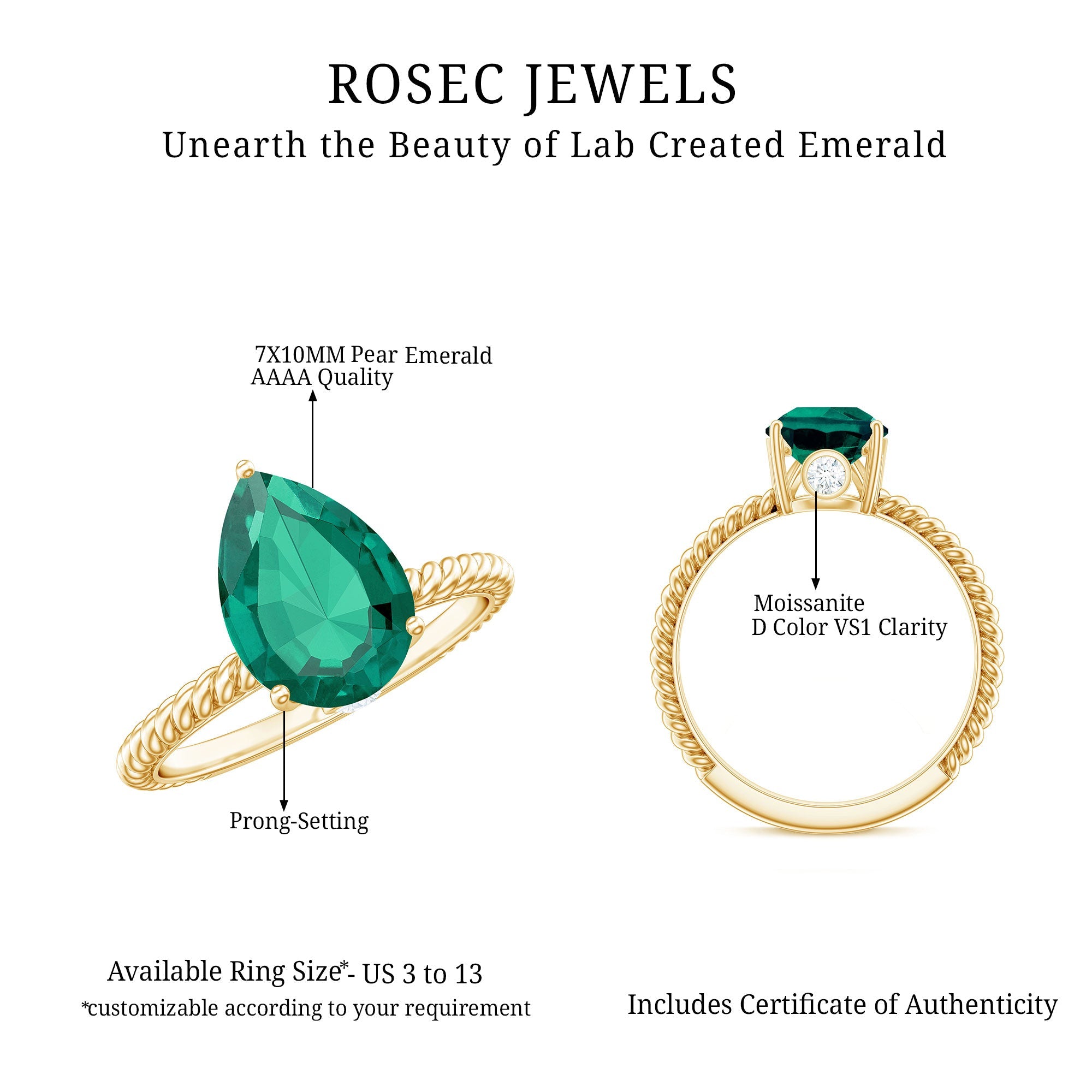 2 Carat Lab Created Emerald Pear Shape Engagement Ring with Surprise Diamond