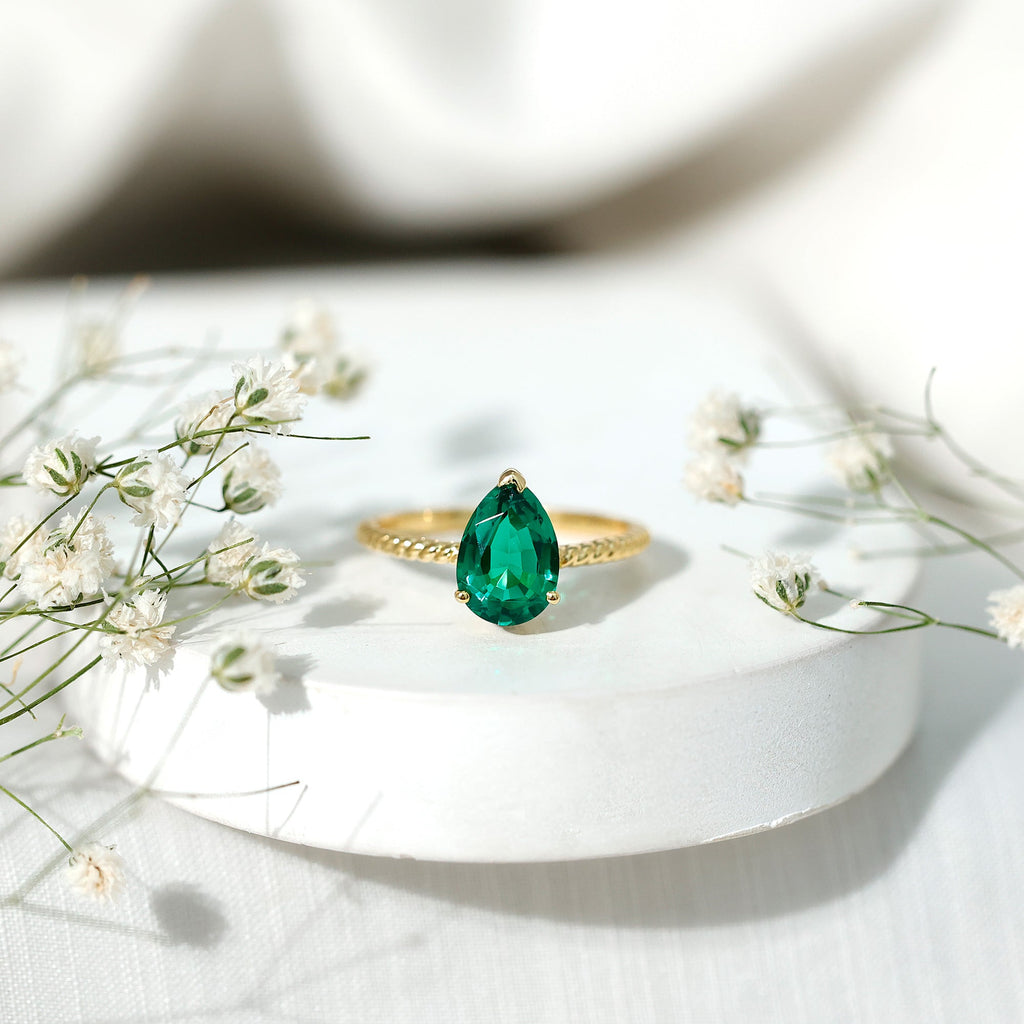 2 Carat Lab Created Emerald Pear Shape Engagement Ring with Surprise Diamond