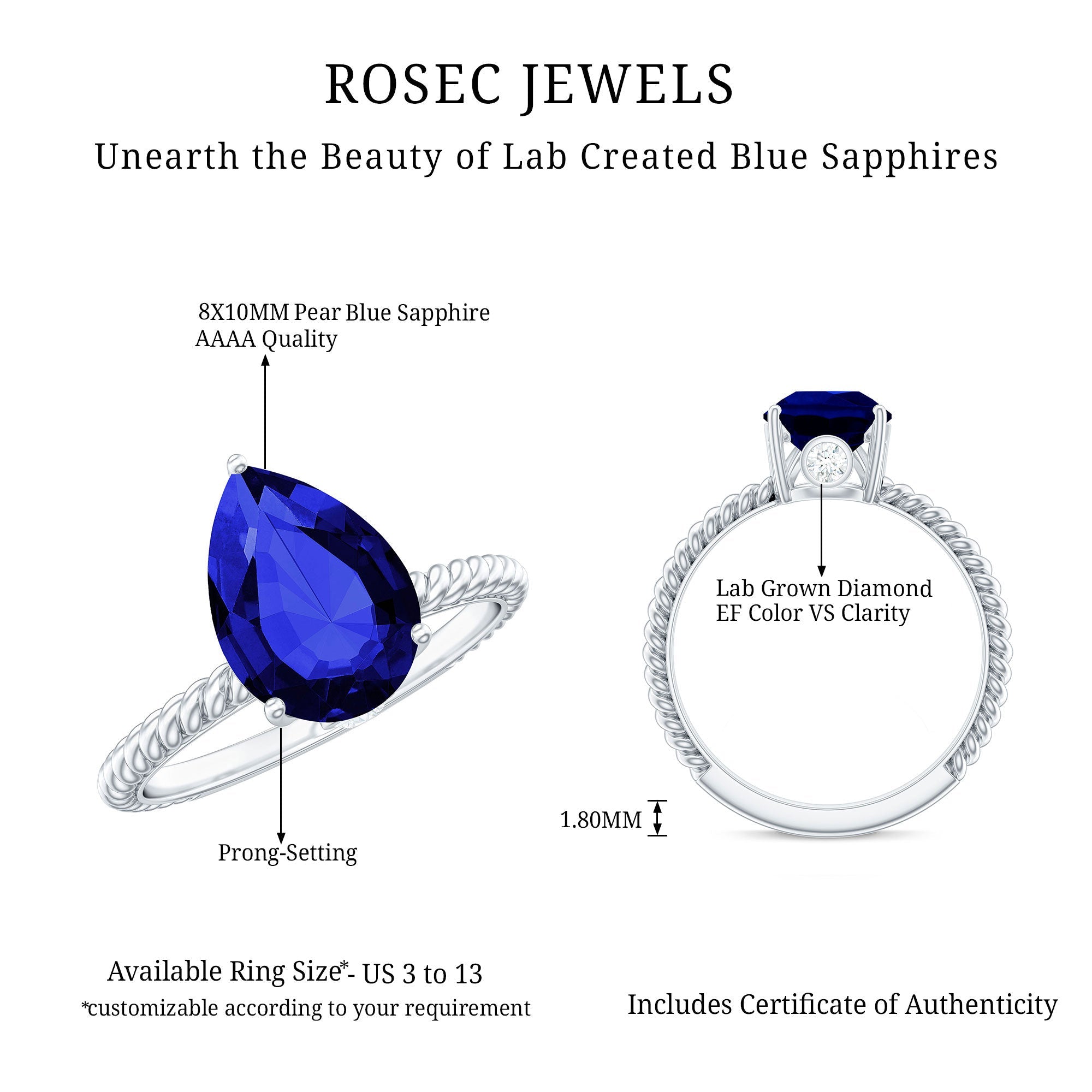 Certified 3.3 Carat Lab Grown Blue Sapphire Pear Shaped Engagement Ring