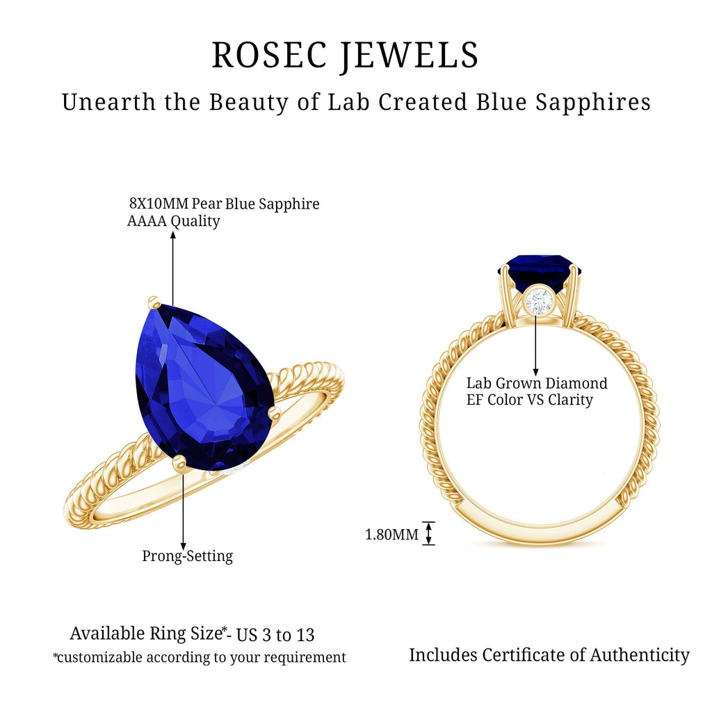 Certified 3.3 Carat Lab Grown Blue Sapphire Pear Shaped Engagement Ring