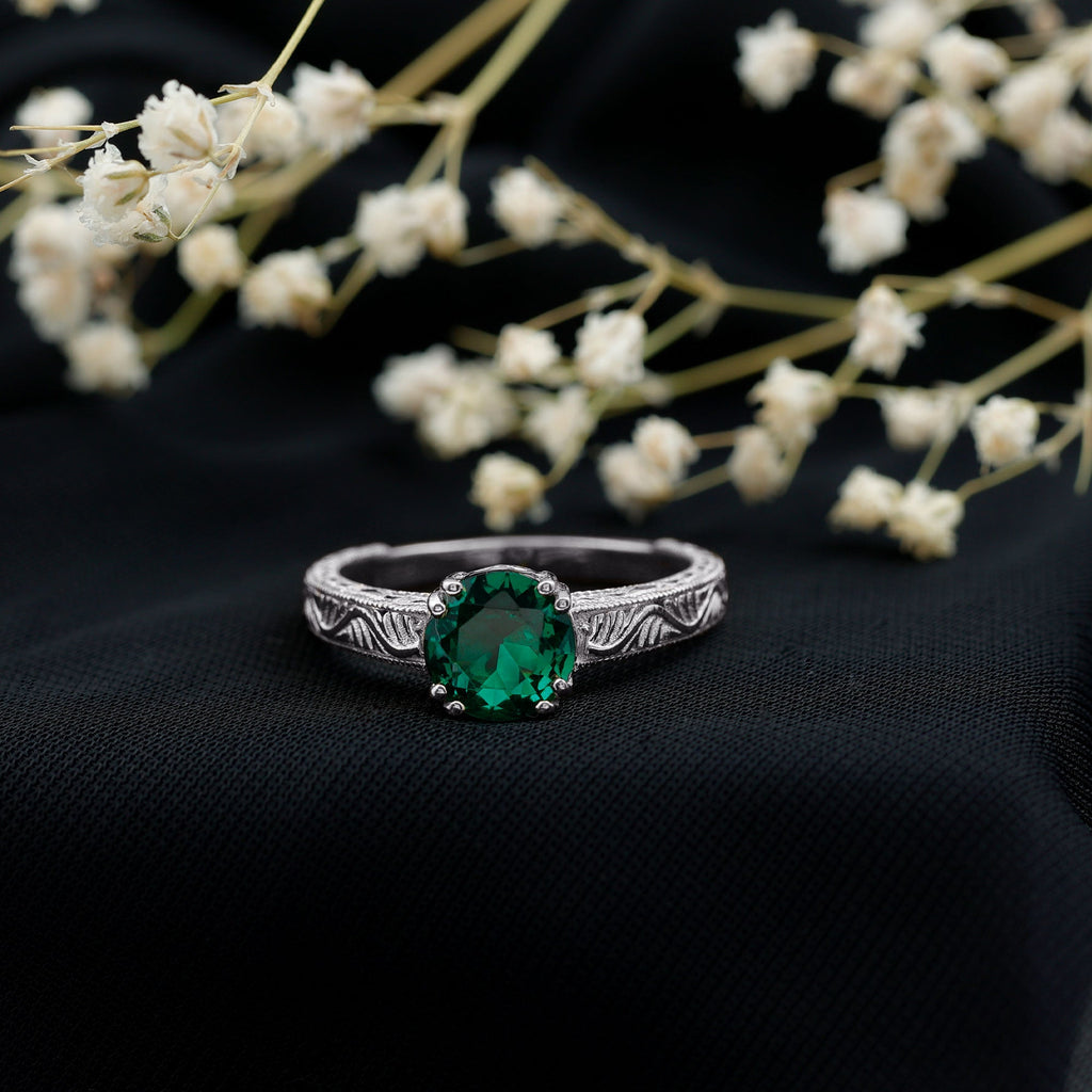 Lab Emerald Solitaire Vintage Engagement Ring