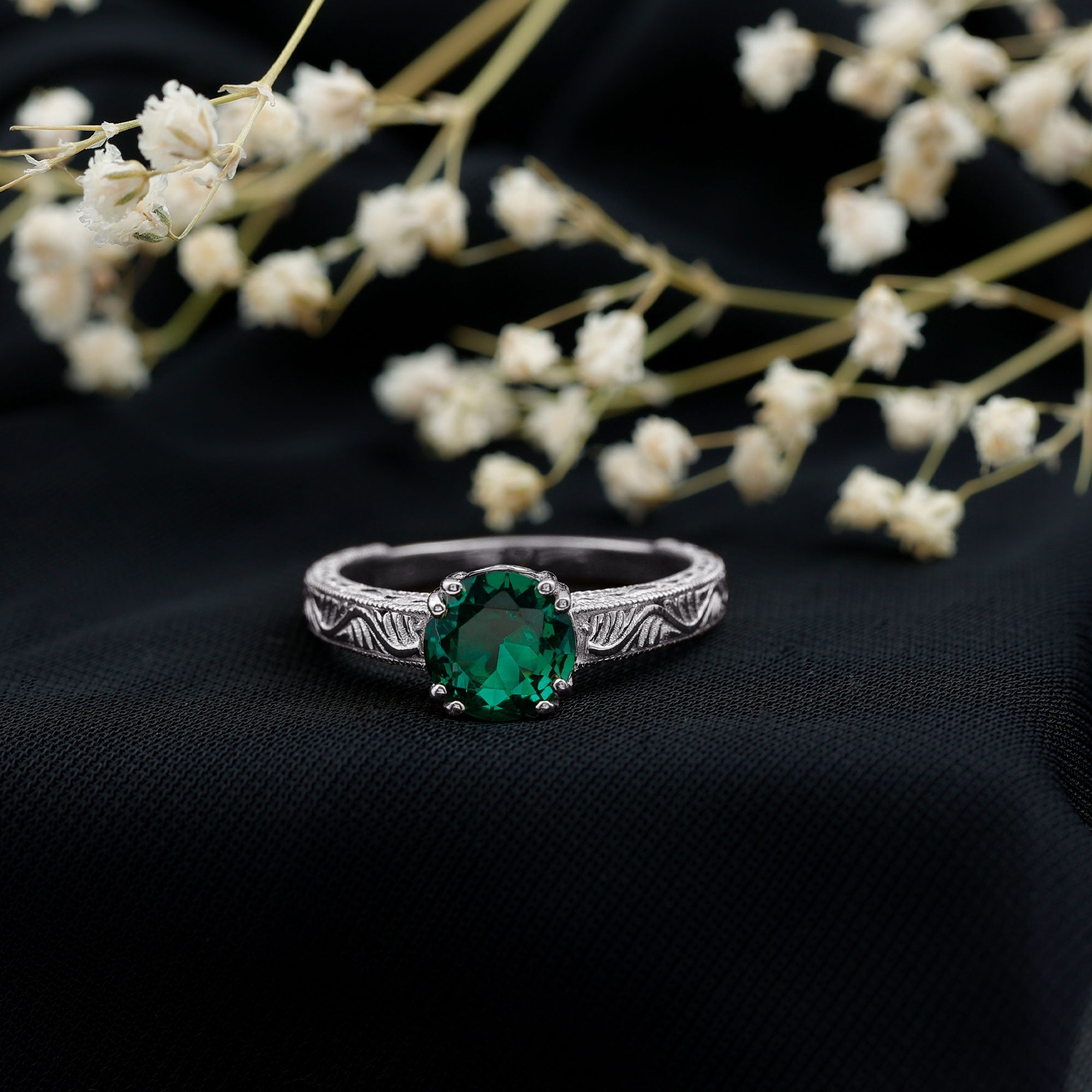 Lab Emerald Solitaire Vintage Engagement Ring