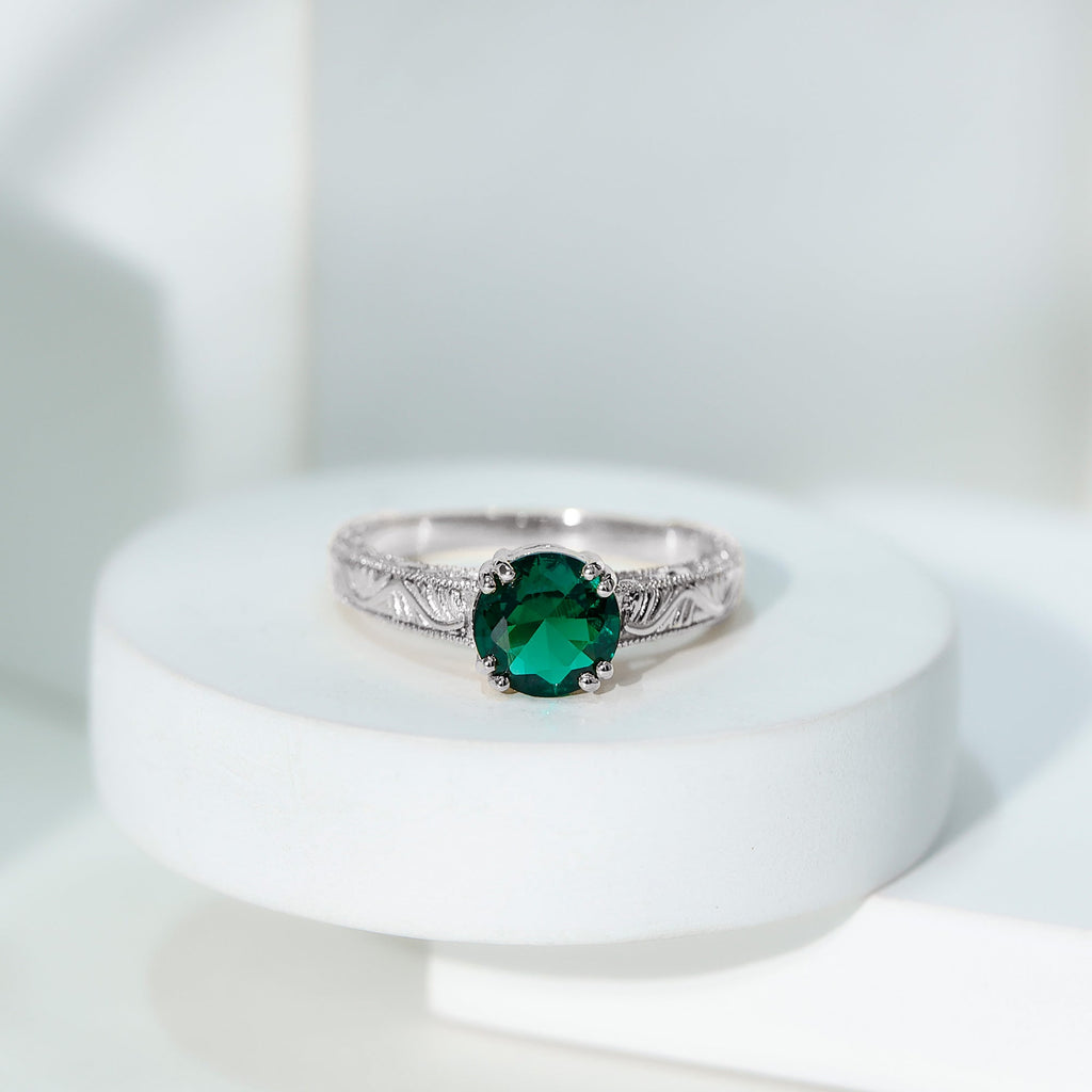Lab Emerald Solitaire Vintage Engagement Ring