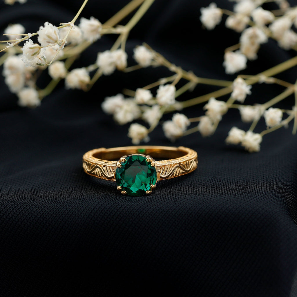 Lab Emerald Solitaire Vintage Engagement Ring