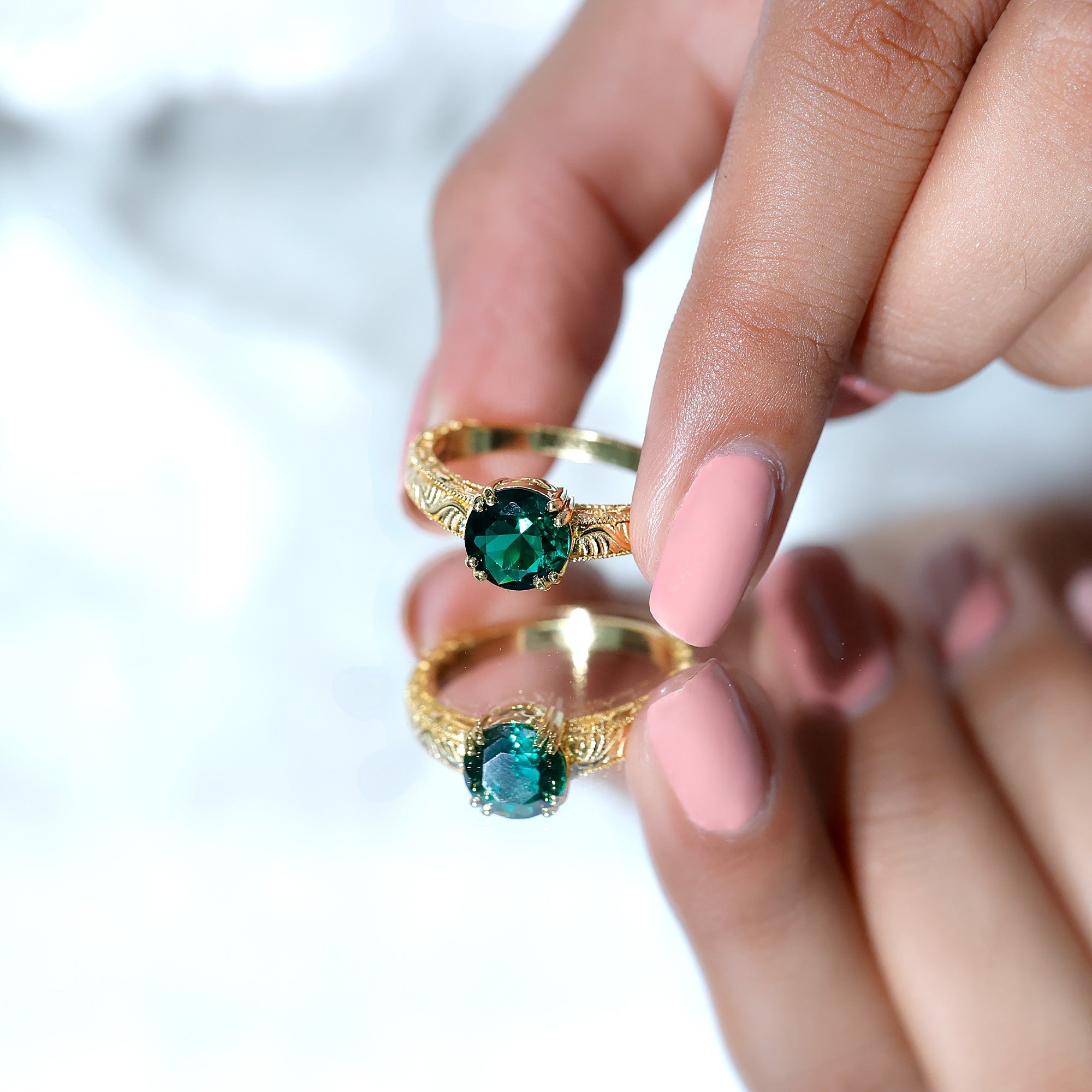 Lab Emerald Solitaire Vintage Engagement Ring