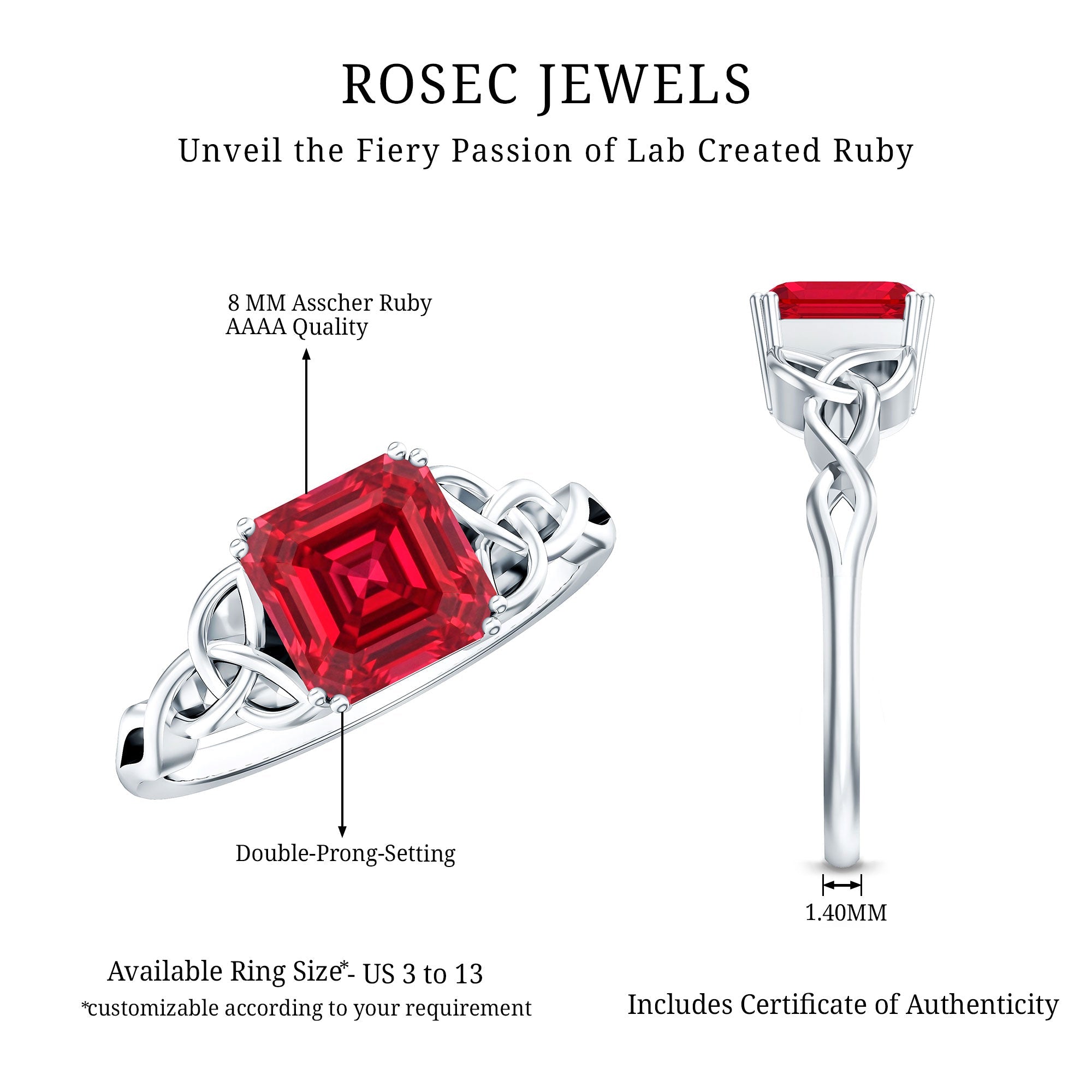 Certified 4.8 Carat Lab Grown Ruby Asscher Cut Engagement Ring with Celtic Knot