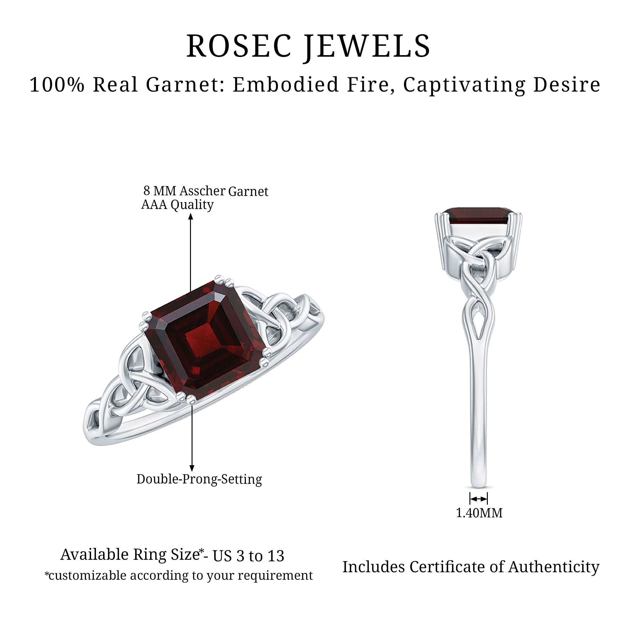Natural Asscher Cut Garnet Knot Engagement Ring