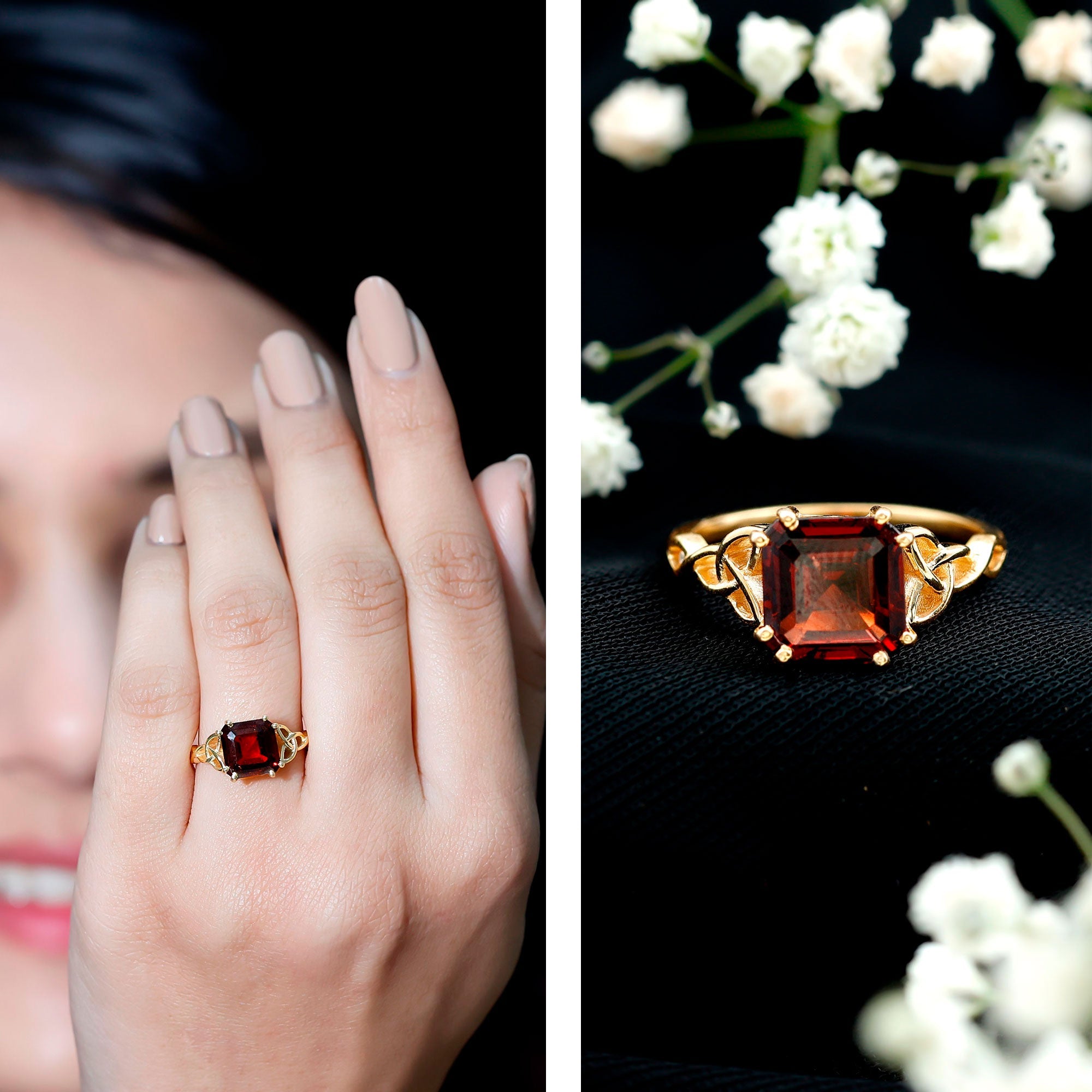 Natural Asscher Cut Garnet Knot Engagement Ring