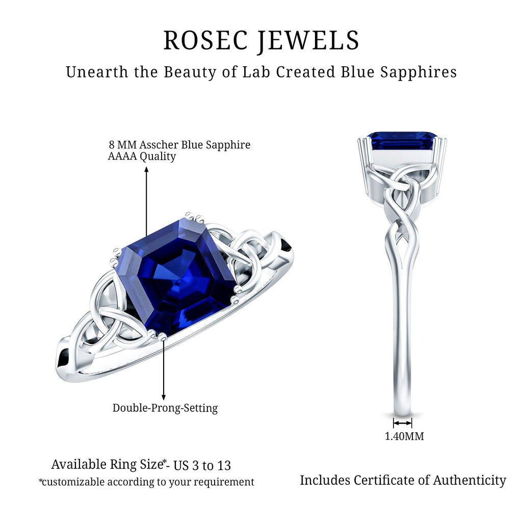 Certified 4.8 Carat Asscher Cut Lab Created Blue Sapphire Celtic Knot Engagement Ring