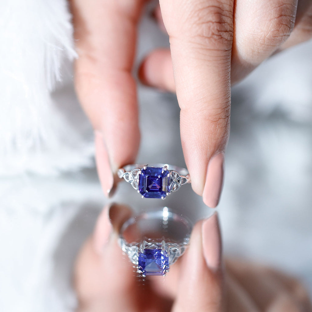 Certified 4.8 Carat Asscher Cut Lab Created Blue Sapphire Celtic Knot Engagement Ring