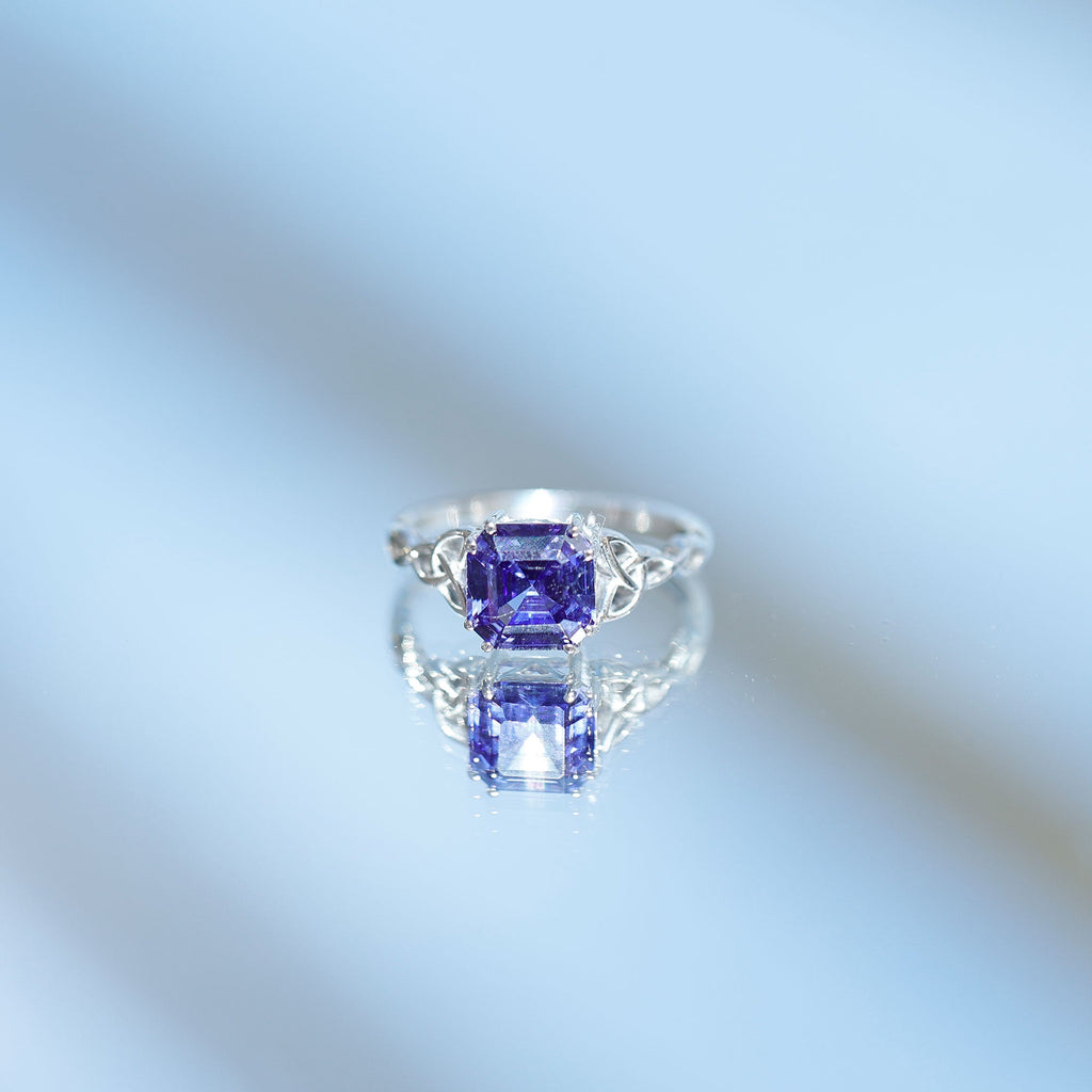 Certified 4.8 Carat Asscher Cut Lab Created Blue Sapphire Celtic Knot Engagement Ring