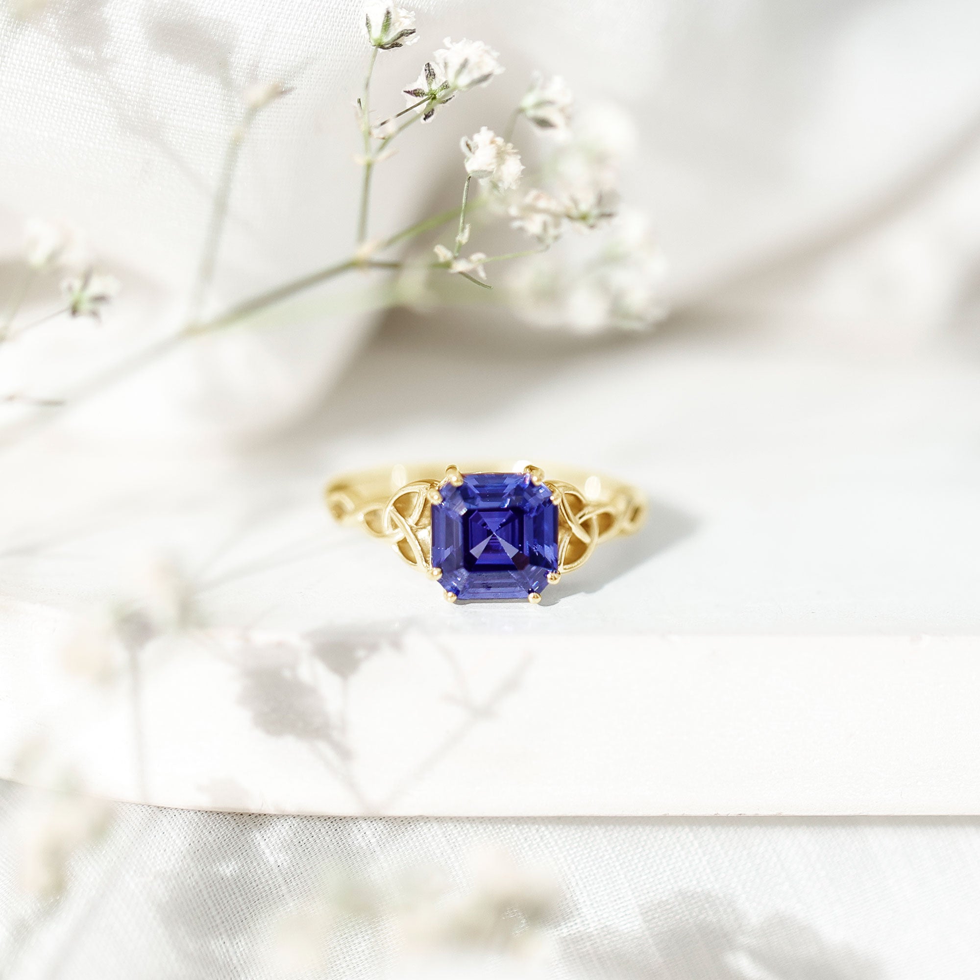 Certified 4.8 Carat Asscher Cut Lab Created Blue Sapphire Celtic Knot Engagement Ring