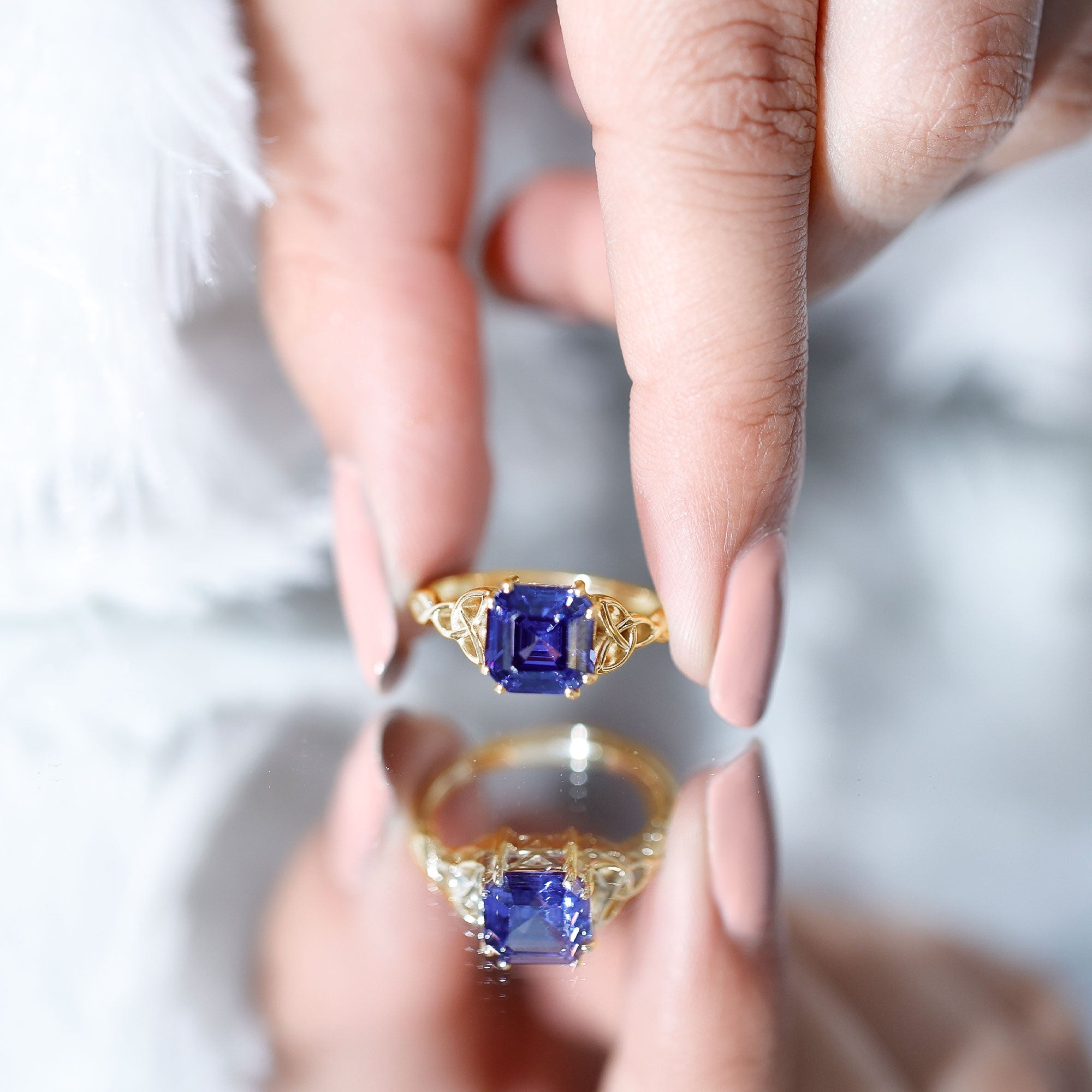 Certified 4.8 Carat Asscher Cut Lab Created Blue Sapphire Celtic Knot Engagement Ring