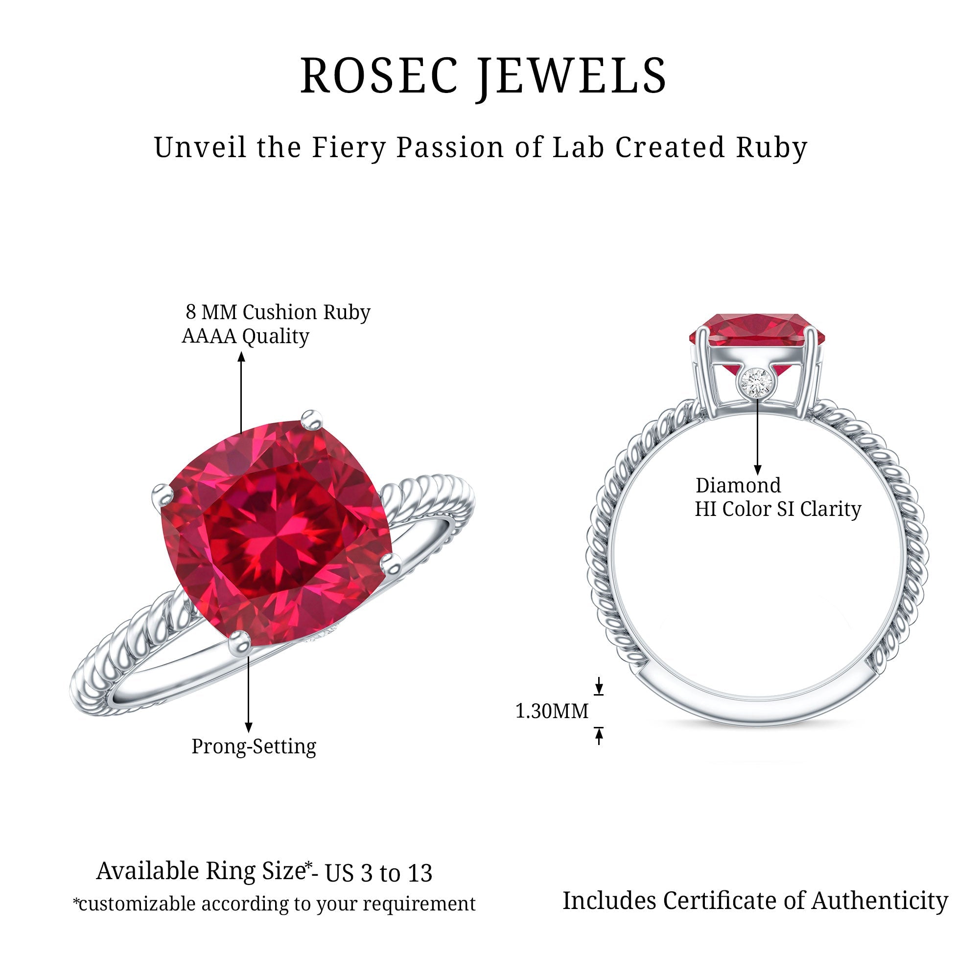 Certified 2 Carat Lab Grown Ruby Cushion Cut Engagement Ring with Surprise Diamond