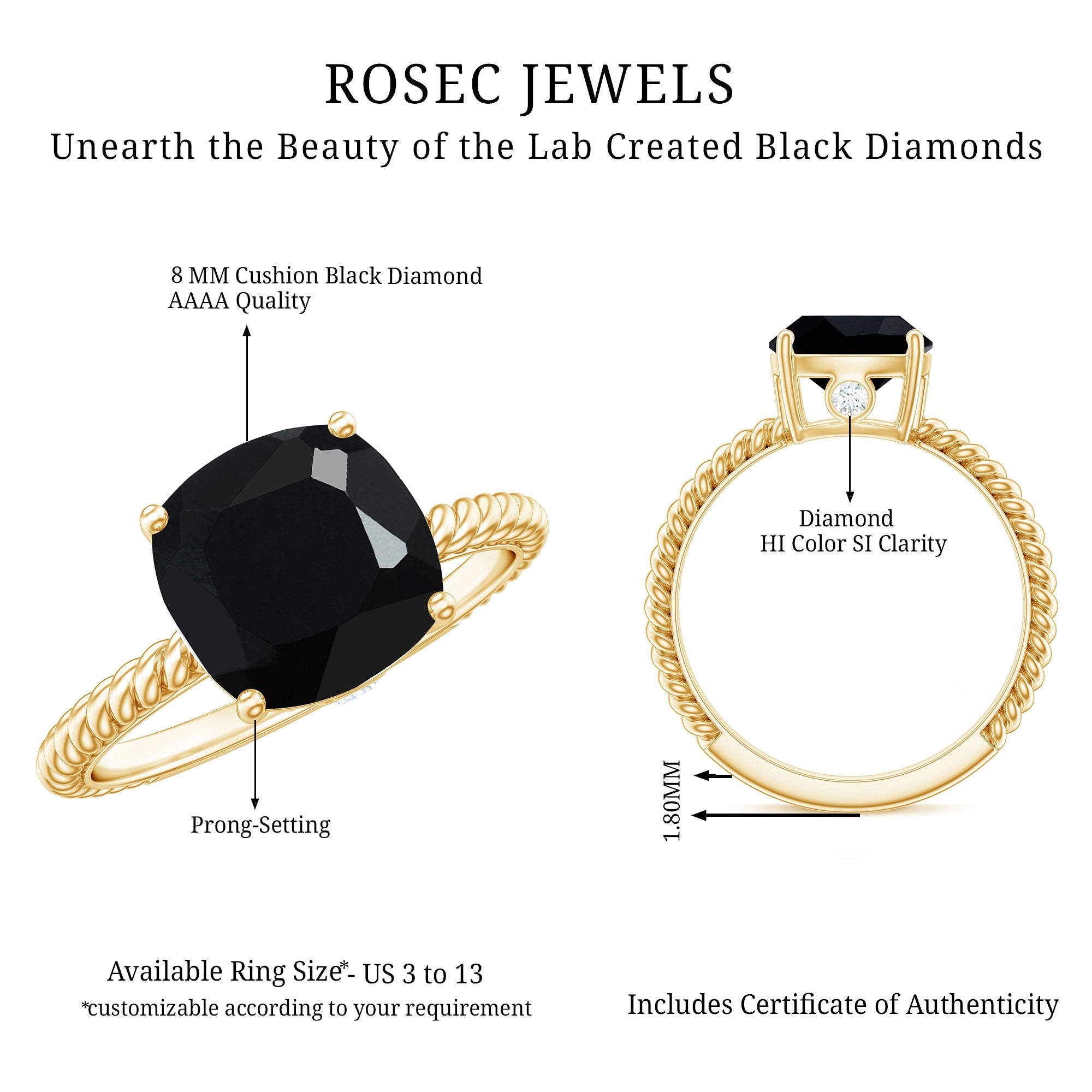 2.8 Carat Cushion Cut Lab Grown Black Diamond Engagement Ring with Surprise White Diamond