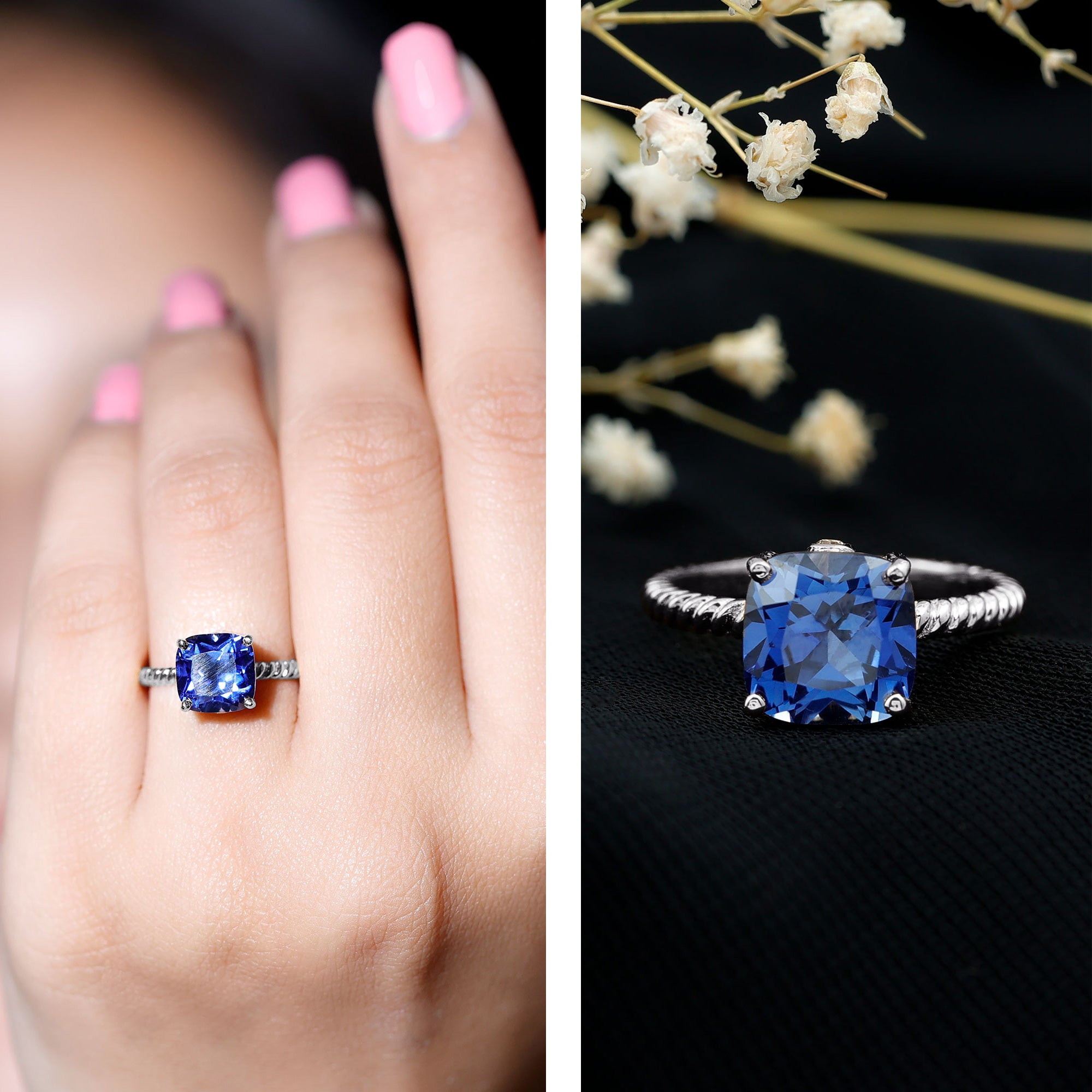 2.7 Carat Cushion Cut Lab Created Blue Sapphire Solitaire Engagement Ring