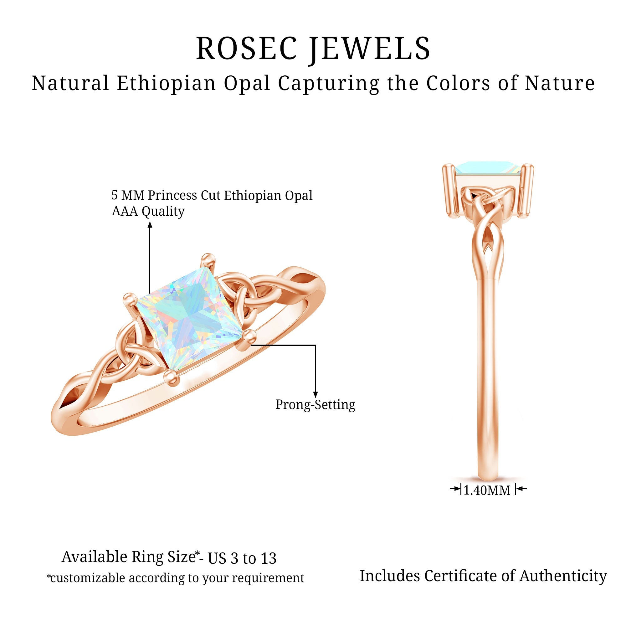 Genuine Princess Cut Ethiopian Opal Promise Ring with Celtic Knot