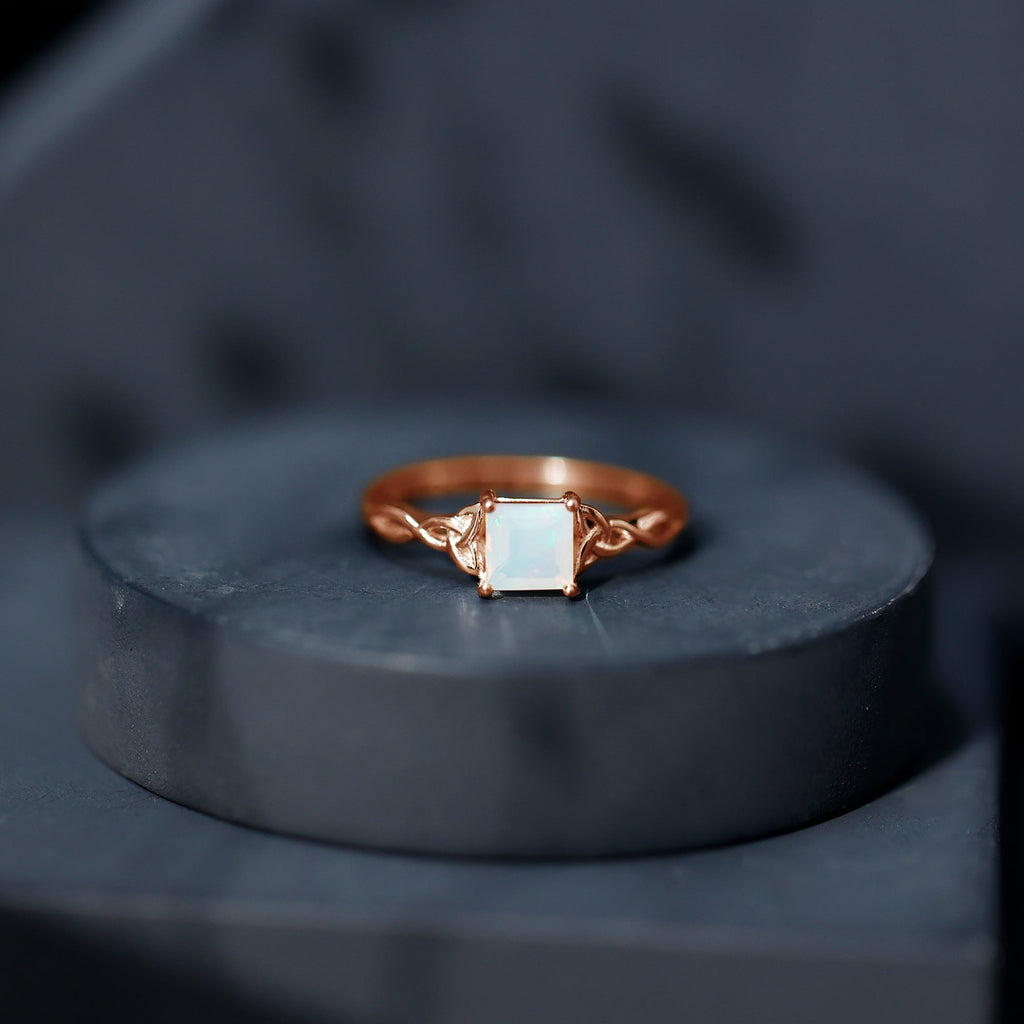 Genuine Princess Cut Ethiopian Opal Promise Ring with Celtic Knot